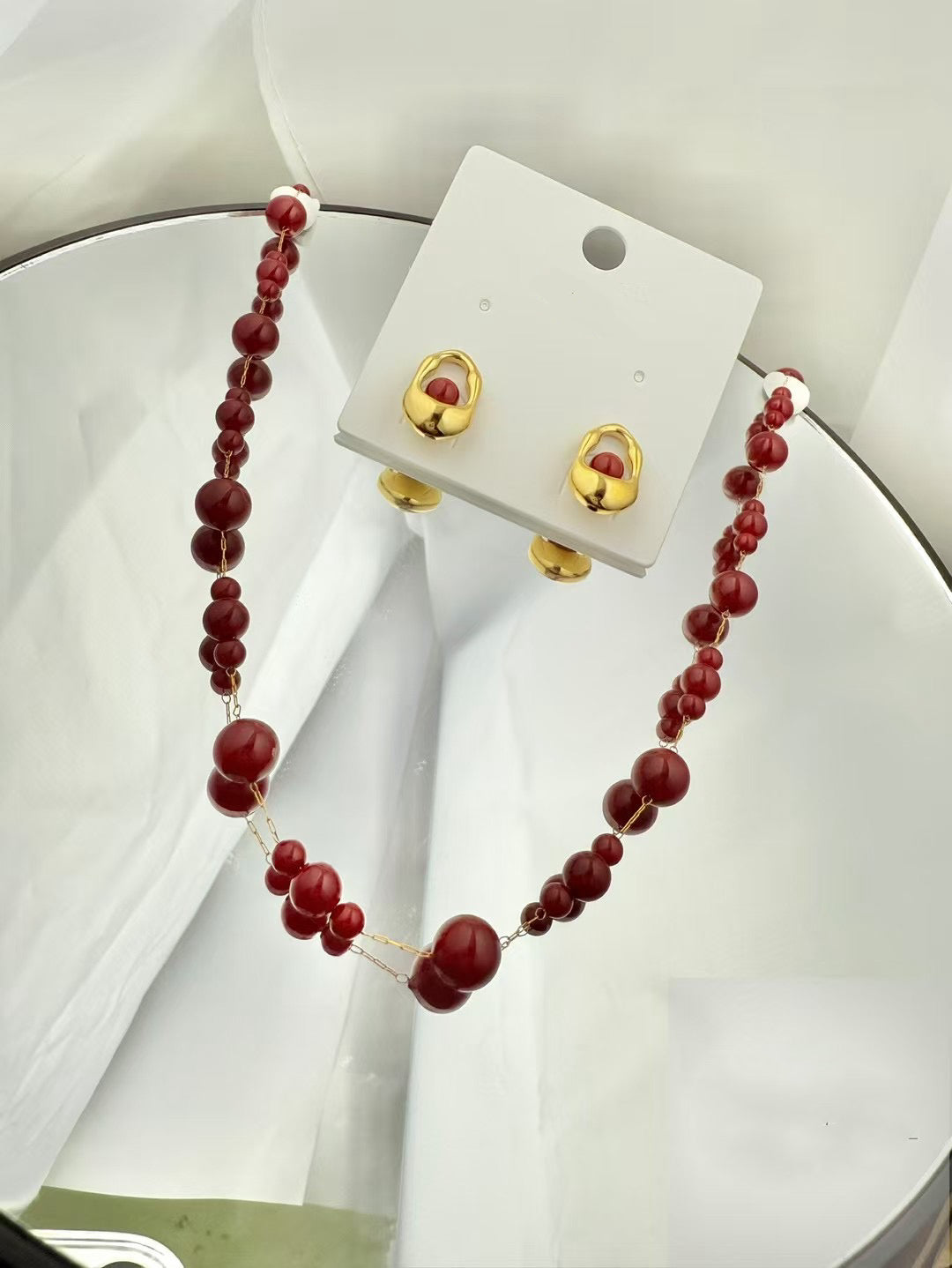 Gold Color Stainless Steel Red Bead Necklace & Earrings Set(53)