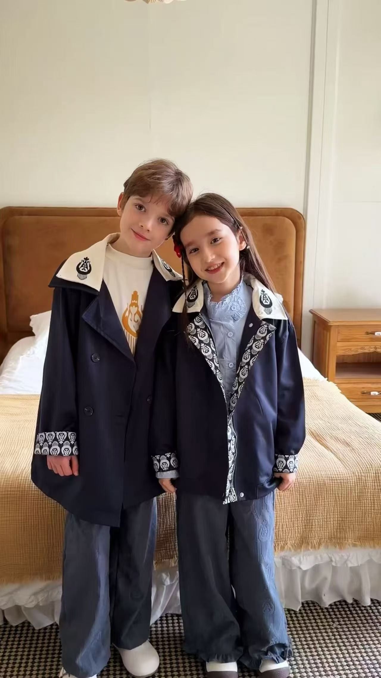 Navy & Brown Embroidered Trench Coat