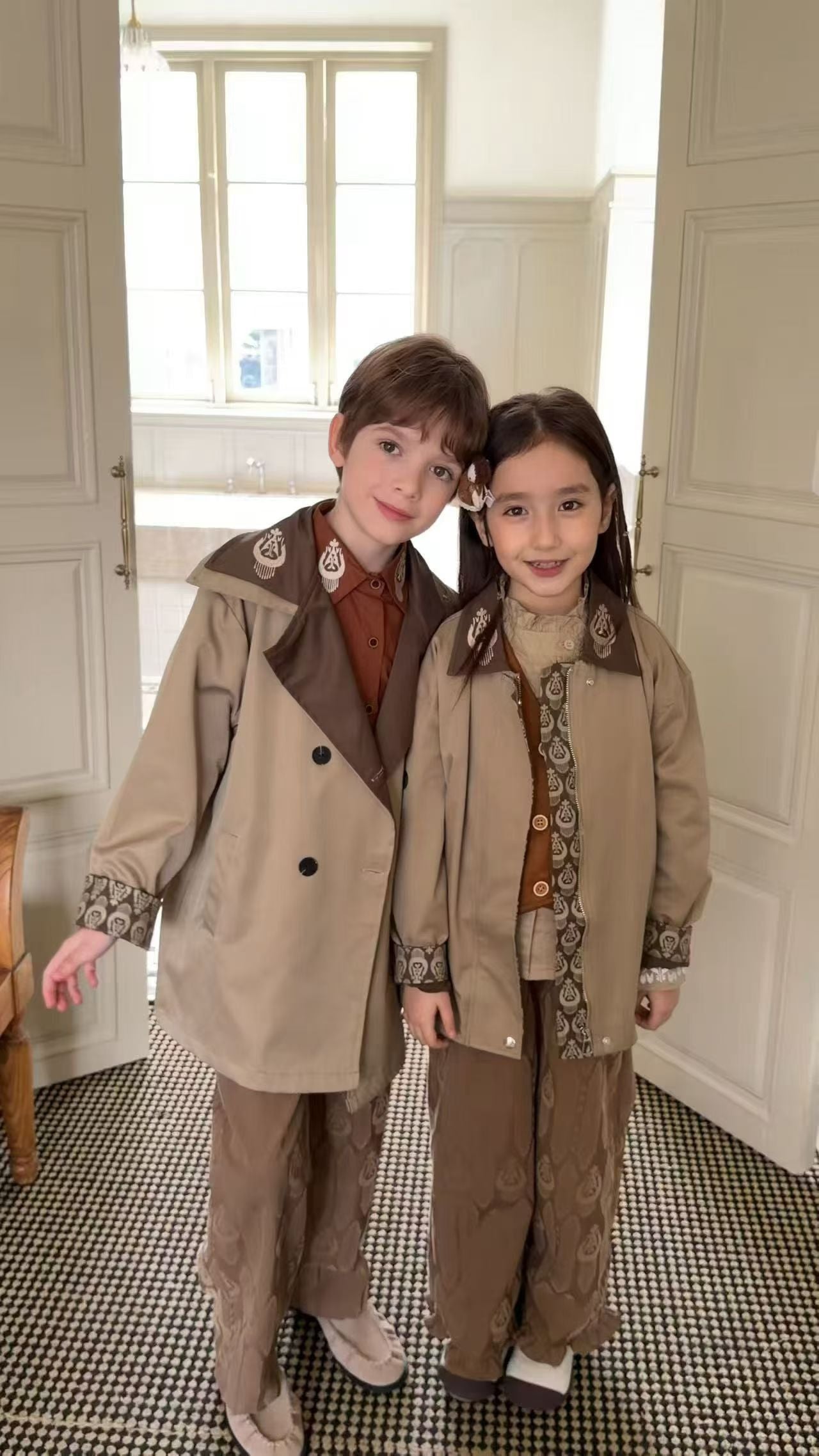 Navy & Brown Embroidered Trench Coat