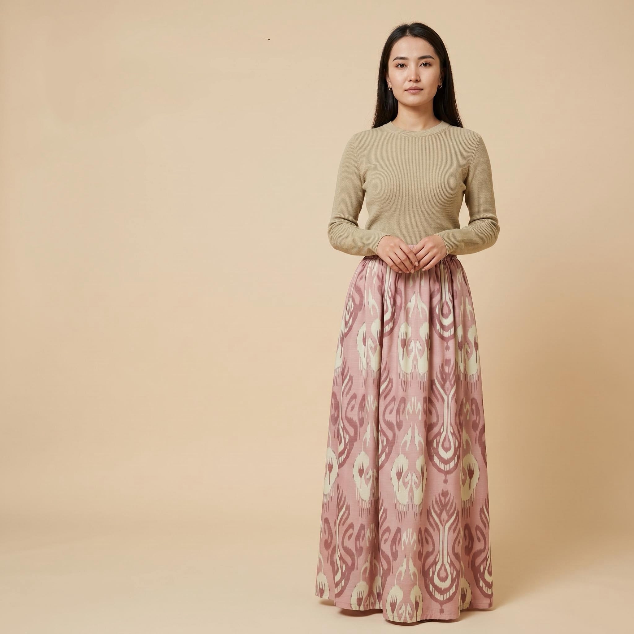 Blush Bloom Ikat Linen Maxi Skirt – 100% Linen Heritage A-Line Skirt (One Size)