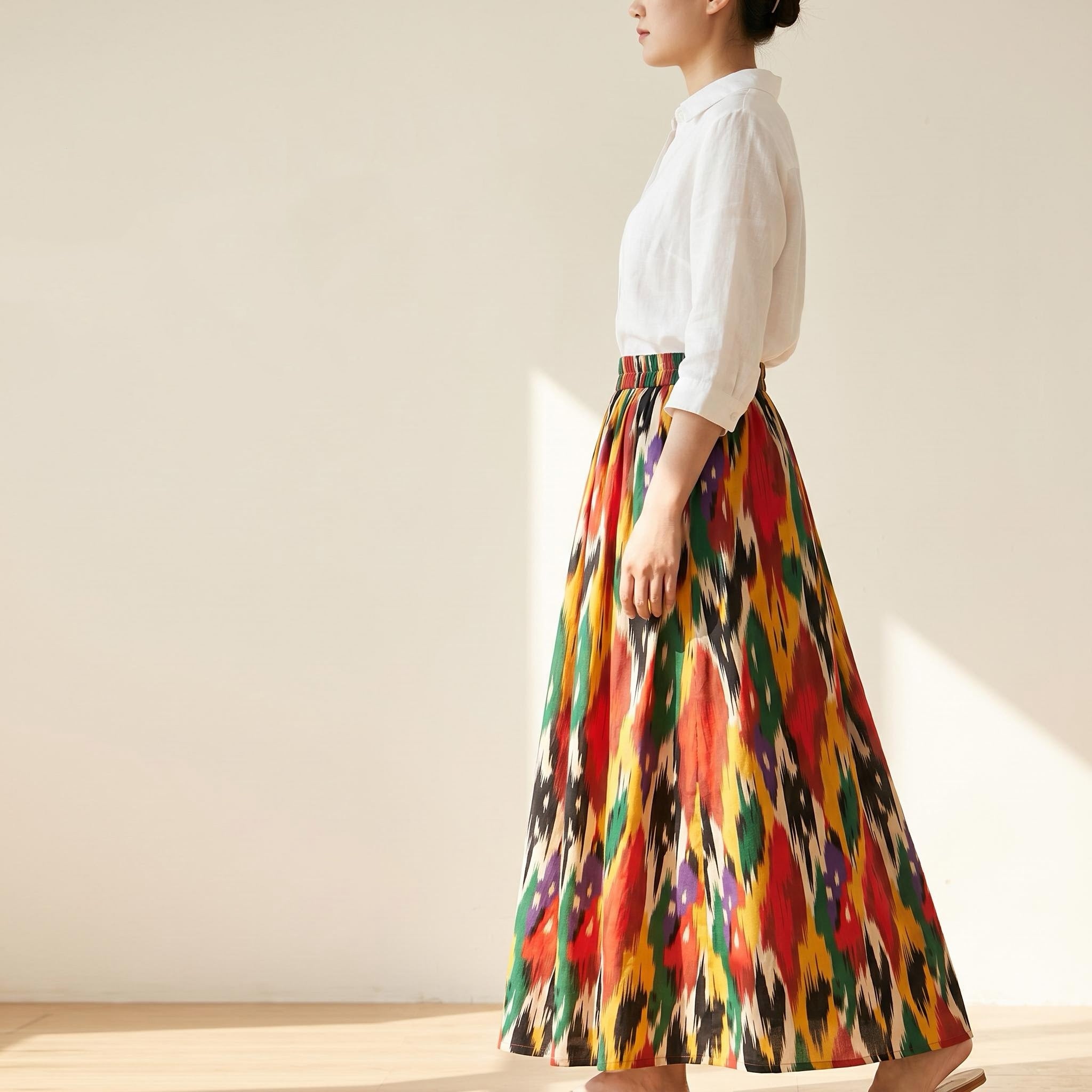 Royal Atlas Ikat Linen Maxi Skirt – 100% Linen Heritage A-Line Skirt (One Size)
