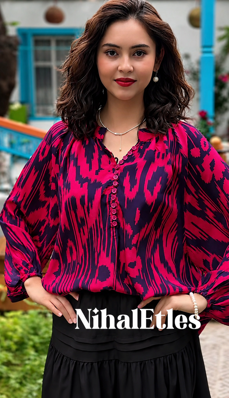 Ruby Ikat Silk Blend Blouse – Luxury Mulberry Silk Top for Women