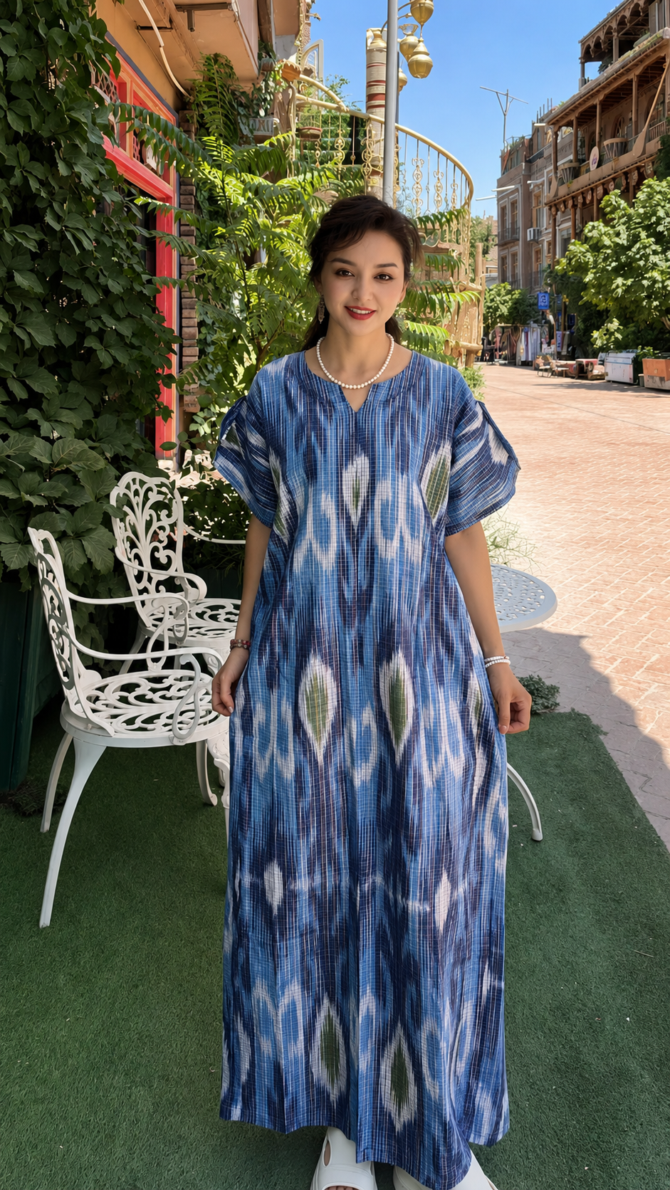 Azure Heritage Tie-Dye Cotton Caftan Dress