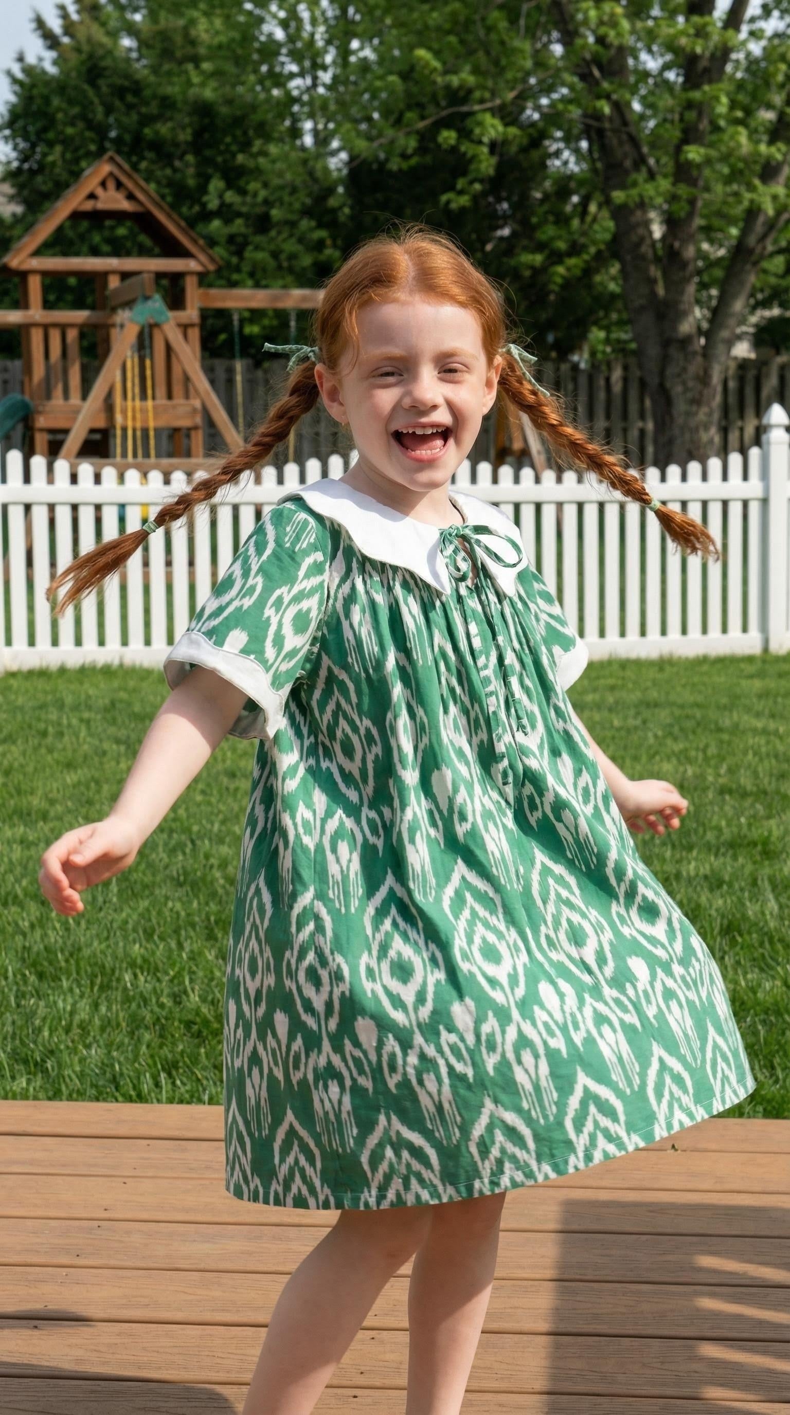 Green Ikat Cotton Dress with White Collar
