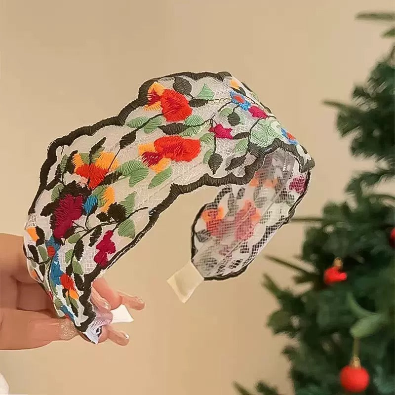 French Vintage Floral Embroidered Headband – Wide Boho Style