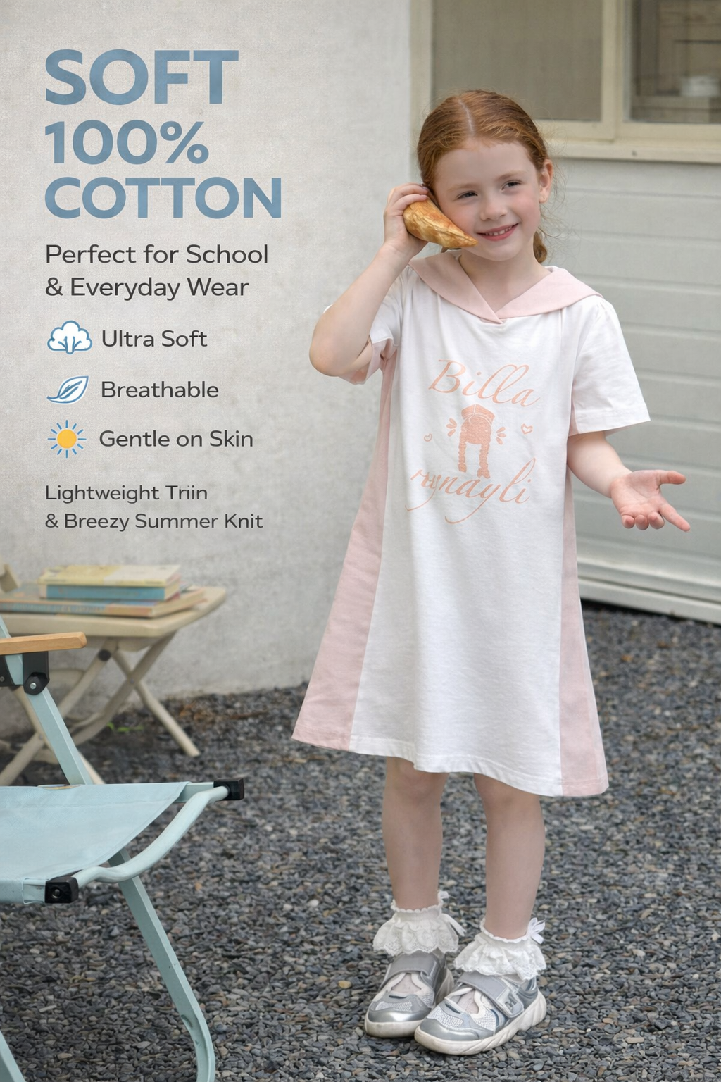 Sporty Sailor-Collar Cotton Dress – "Bella" Print