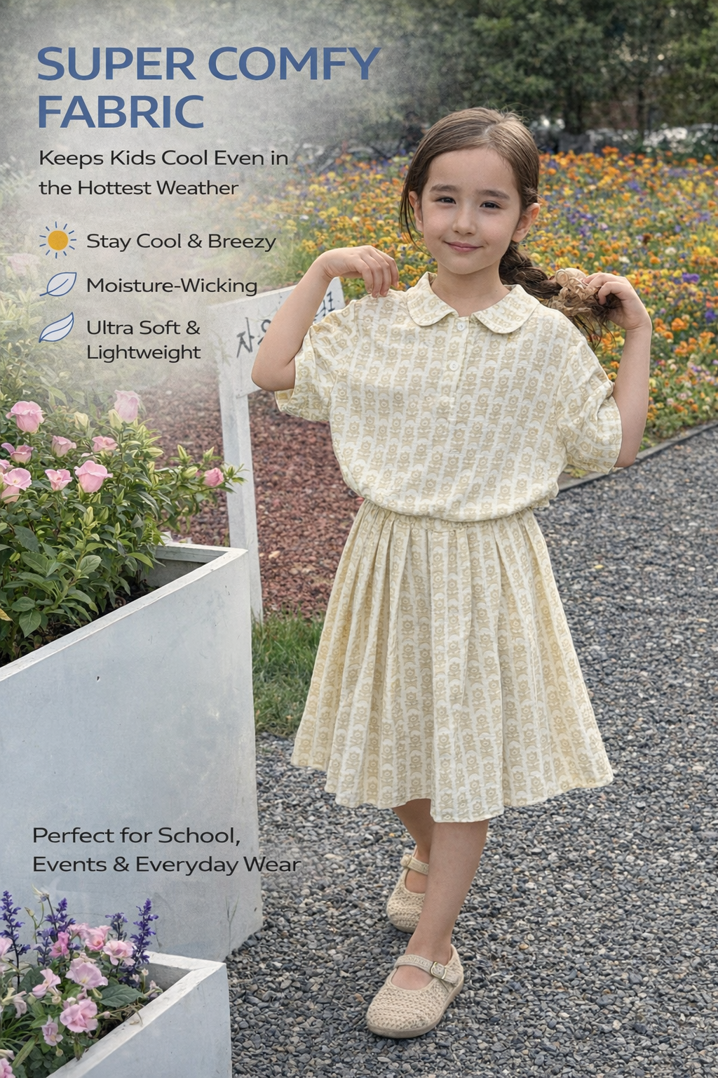 Vintage Cream Print Two-Piece Set (Top + Skirt)