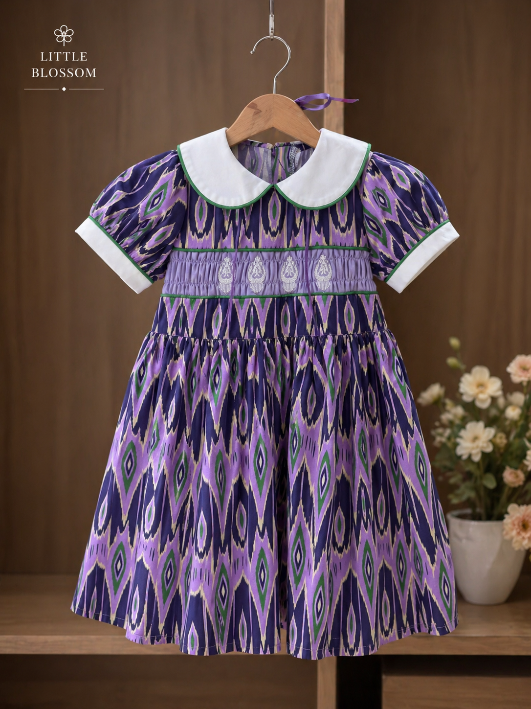 Girls Cotton Atlas Dress – Purple Ikat Dress with Peter Pan Collar