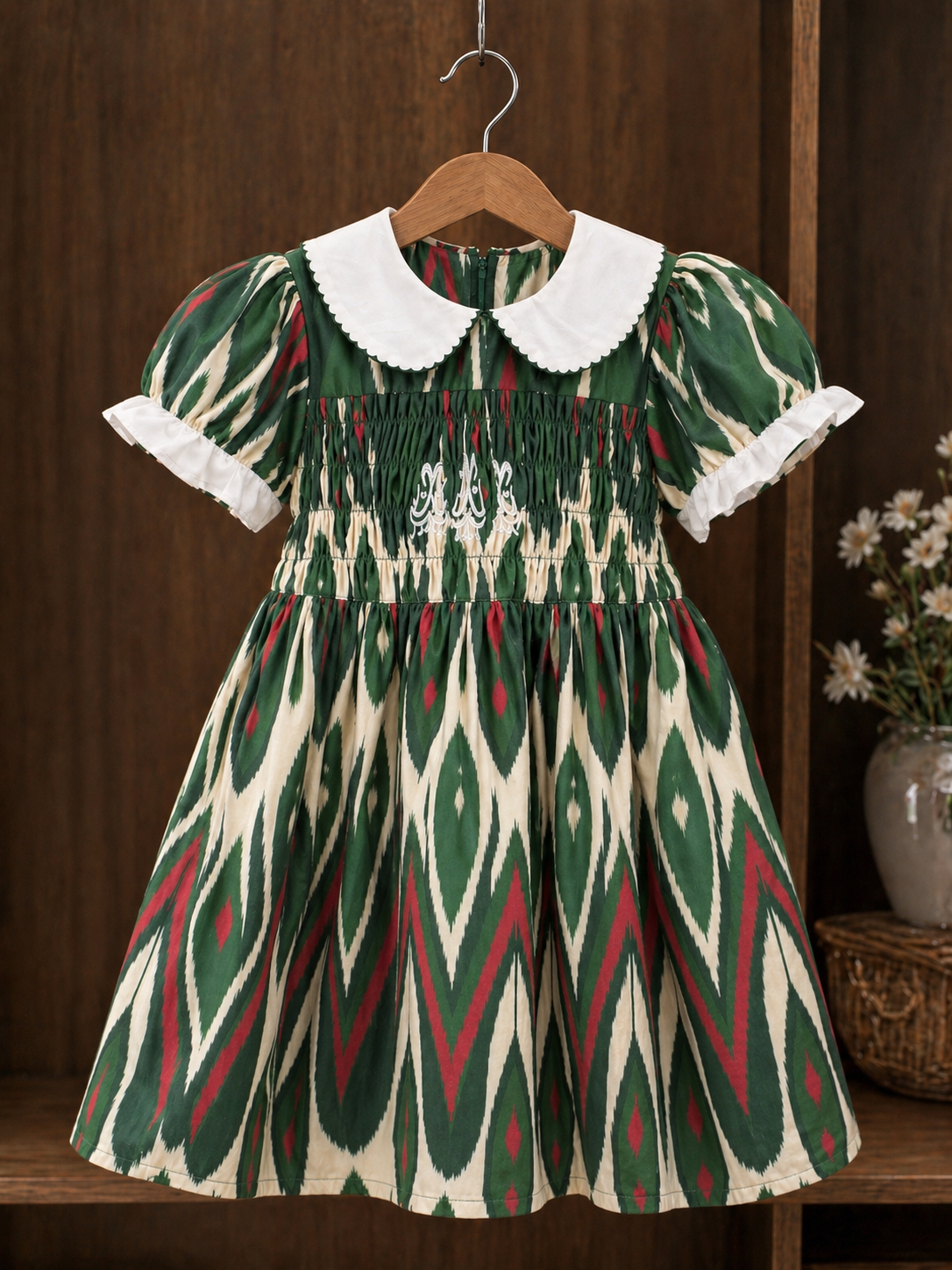 Girls Cotton Atlas Dress β Green Ikat Dress with Peter Pan Collar & Smocked Bodice