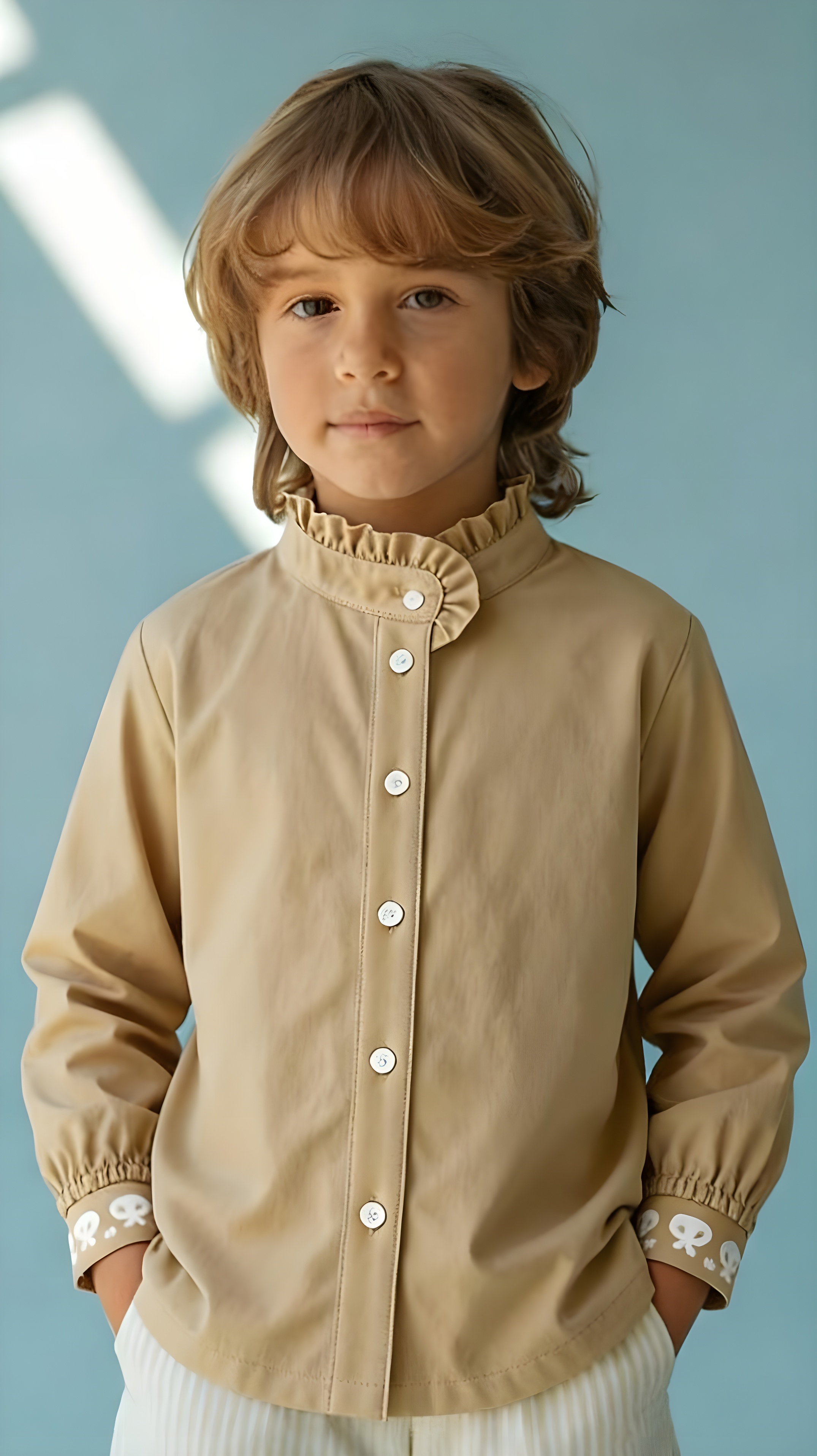 High-Neck Embroidered Cuff Blouse