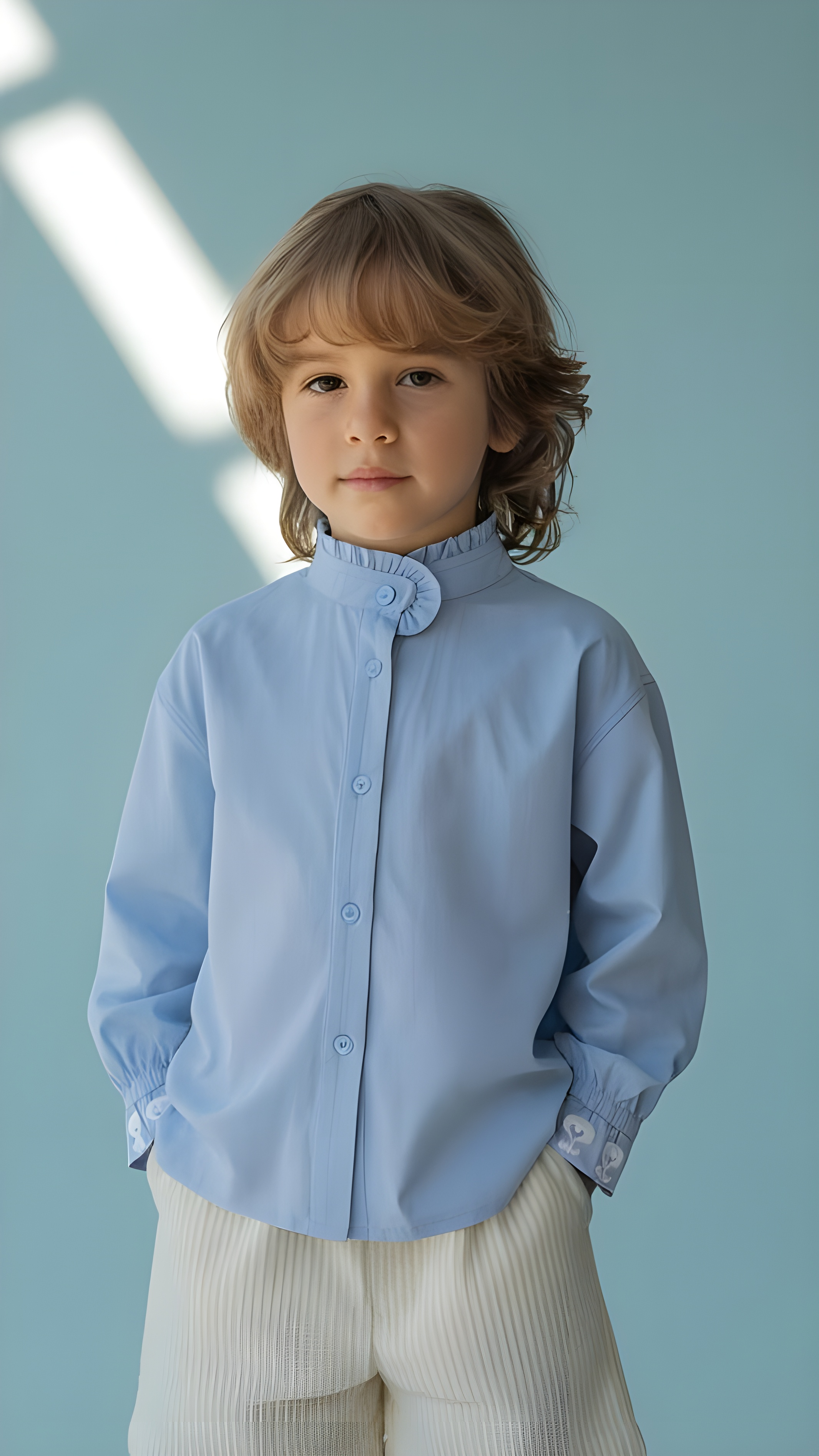 High-Neck Embroidered Cuff Blouse