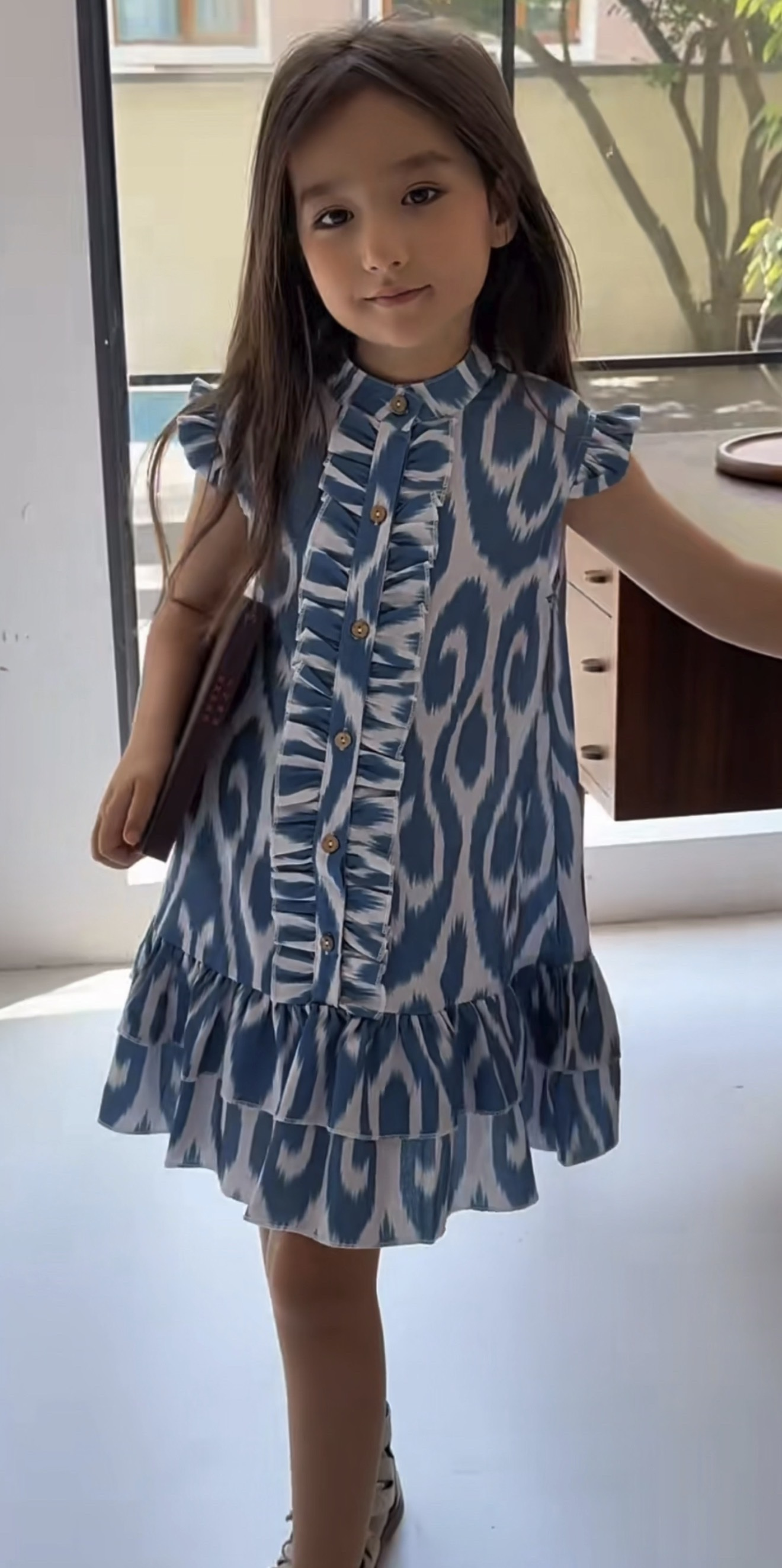 Age 5: Girls Atlas Ikat Dress – Blue Ruffle Button Dress
