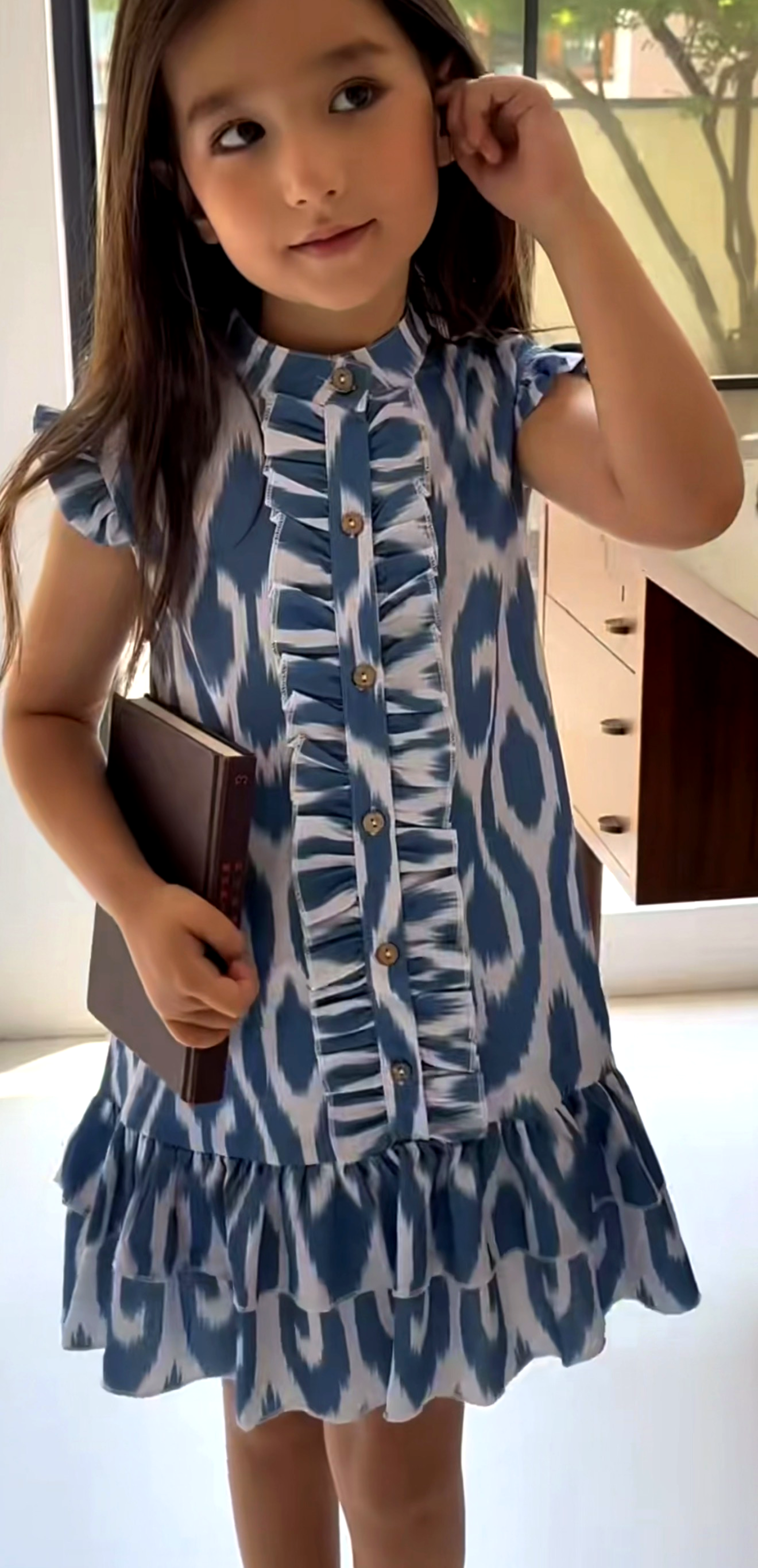 Age 5: Girls Atlas Ikat Dress – Blue Ruffle Button Dress