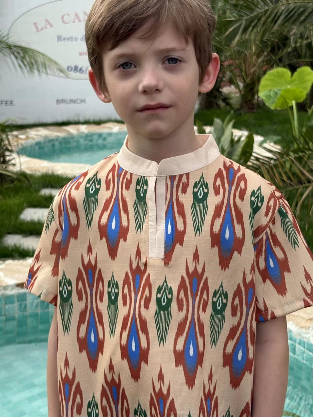 Siblings Set – Rust Ikat Dress & 2-Piece Boy’s Outfit