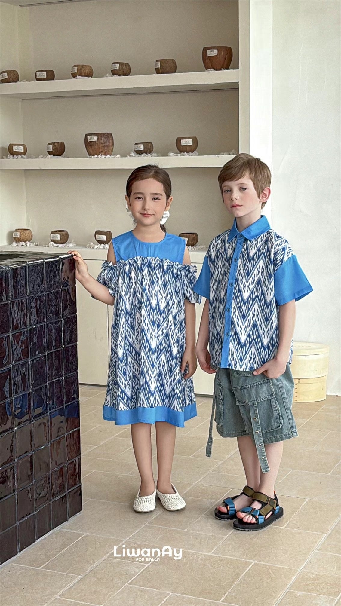 Siblings Set – Blue Ikat Dress & Shirt (Buy Separately )
