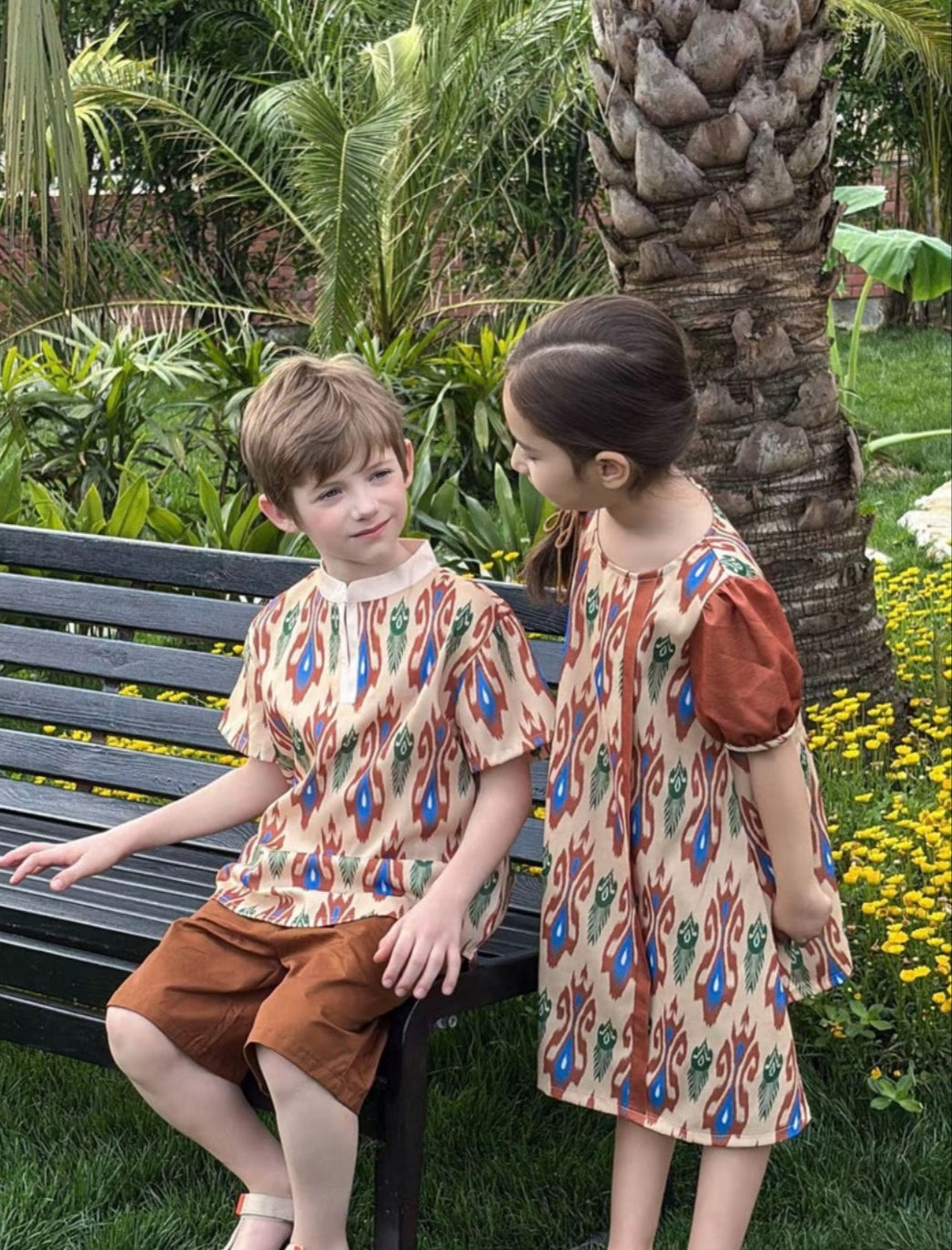 Siblings Set – Rust Ikat Dress & 2-Piece Boy’s Outfit