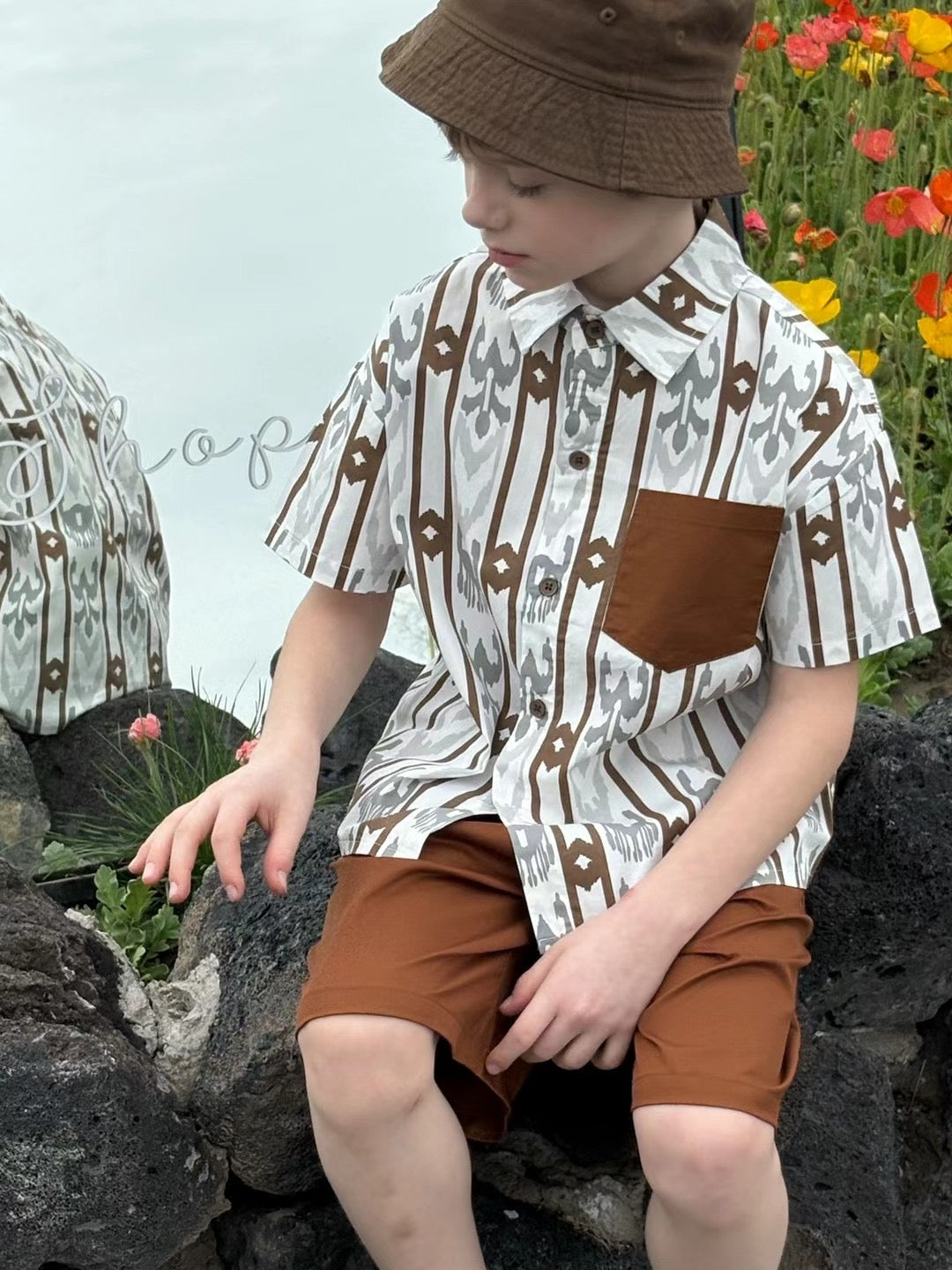 Boys’ 2-Piece Atlas Ikat Set – Rust Red/Blue & Stone Brown