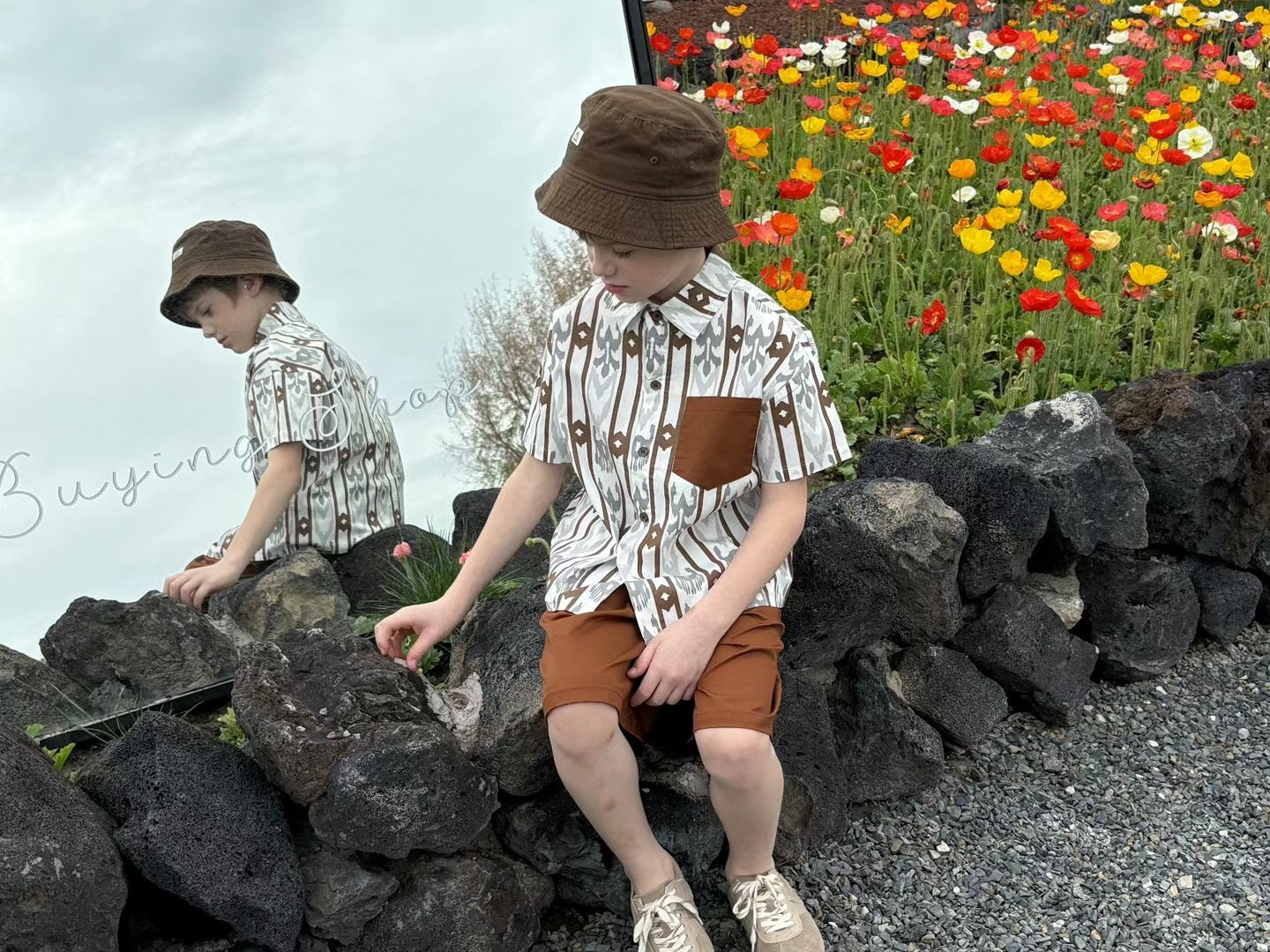 Boys’ 2-Piece Atlas Ikat Set – Rust Red/Blue & Stone Brown