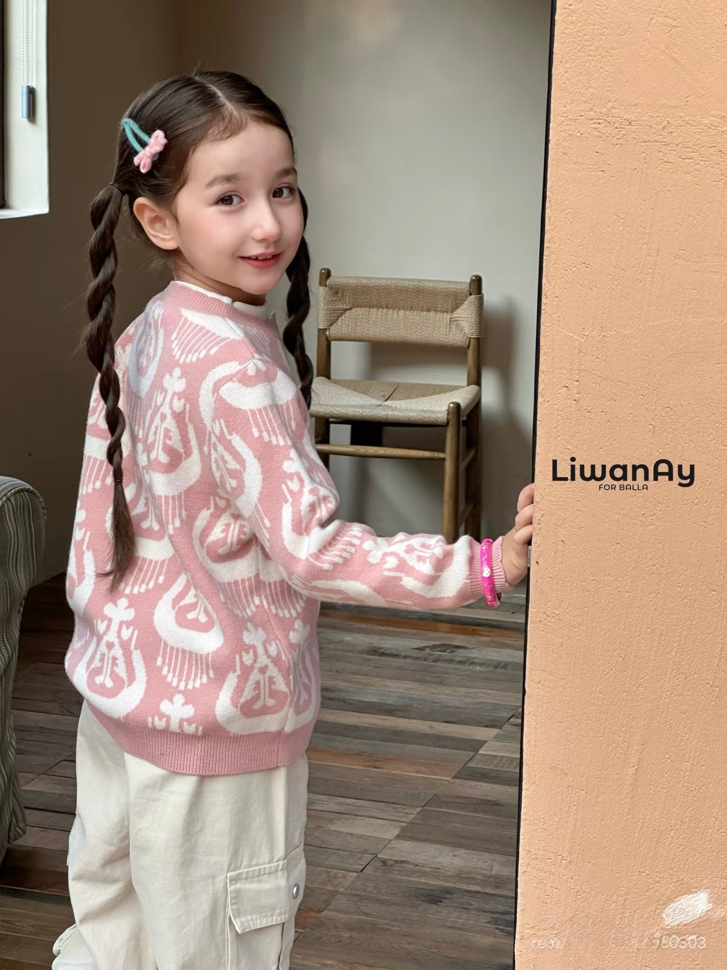 Atlas Knit Set – Anti-Pilling Cultural Pattern Cardigan & Pink Pants for Kids