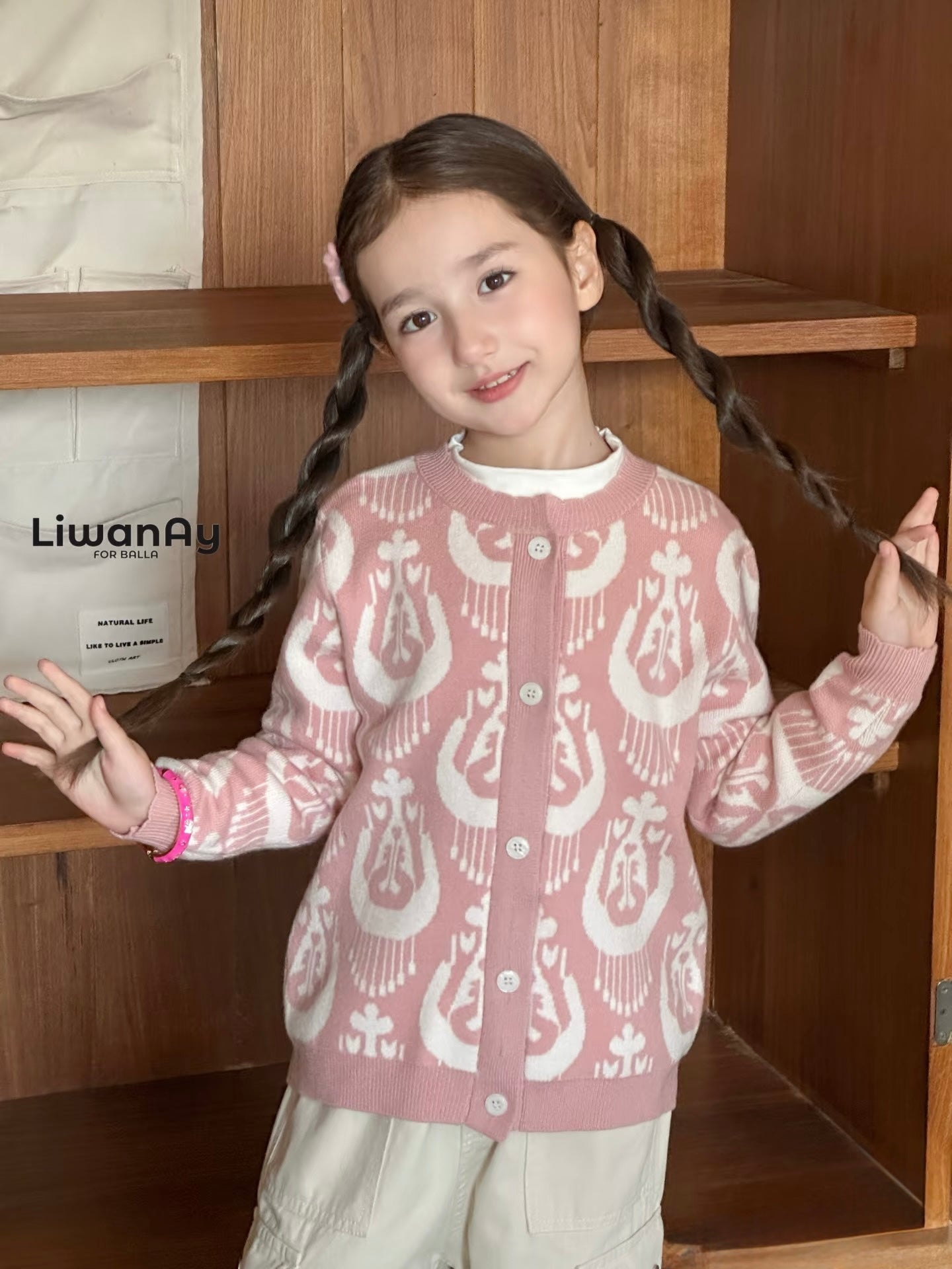 Atlas Knit Set – Anti-Pilling Cultural Pattern Cardigan & Pink Pants for Kids