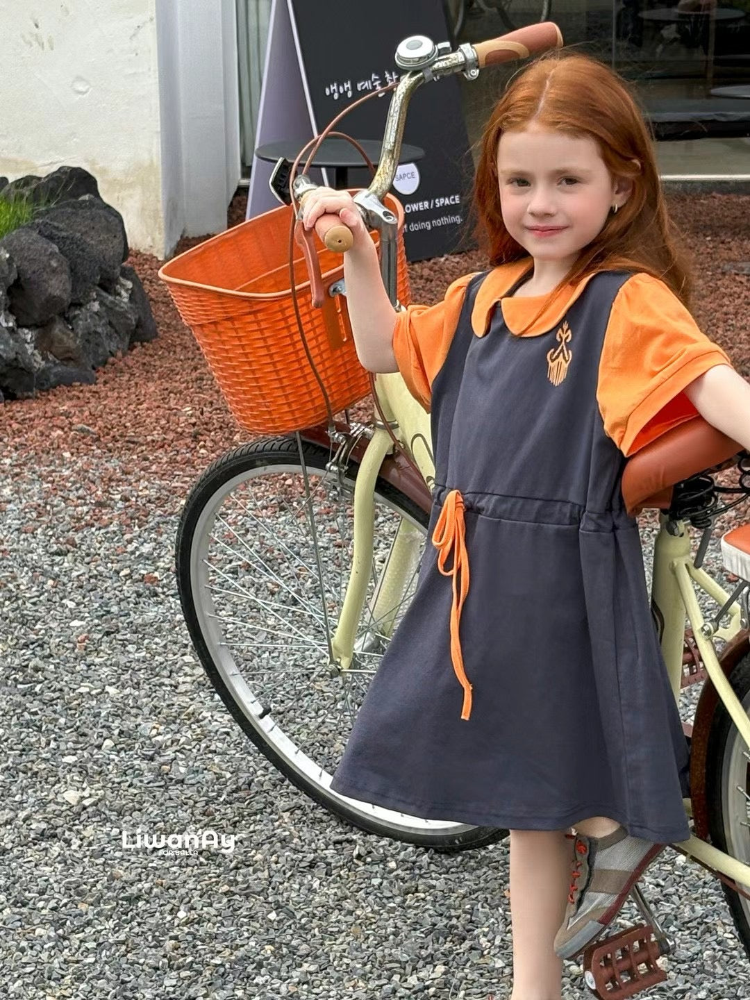 Two-Piece Sporty Pinafore Dress Set – Charcoal & Orange