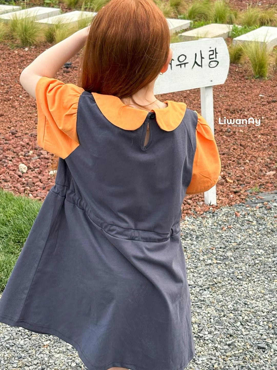 Two-Piece Sporty Pinafore Dress Set – Charcoal & Orange