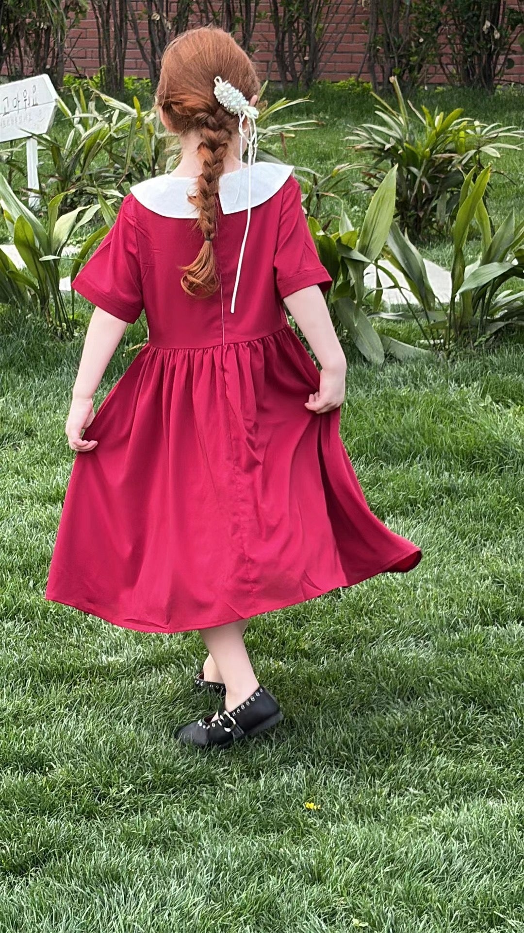 Classic Summer Embroidered Dress β Wine Red with White Collar