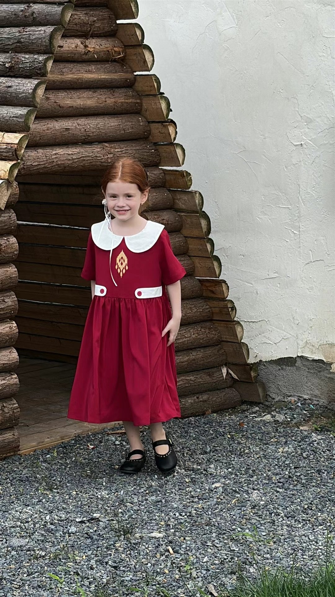 Classic Summer Embroidered Dress β Wine Red with White Collar