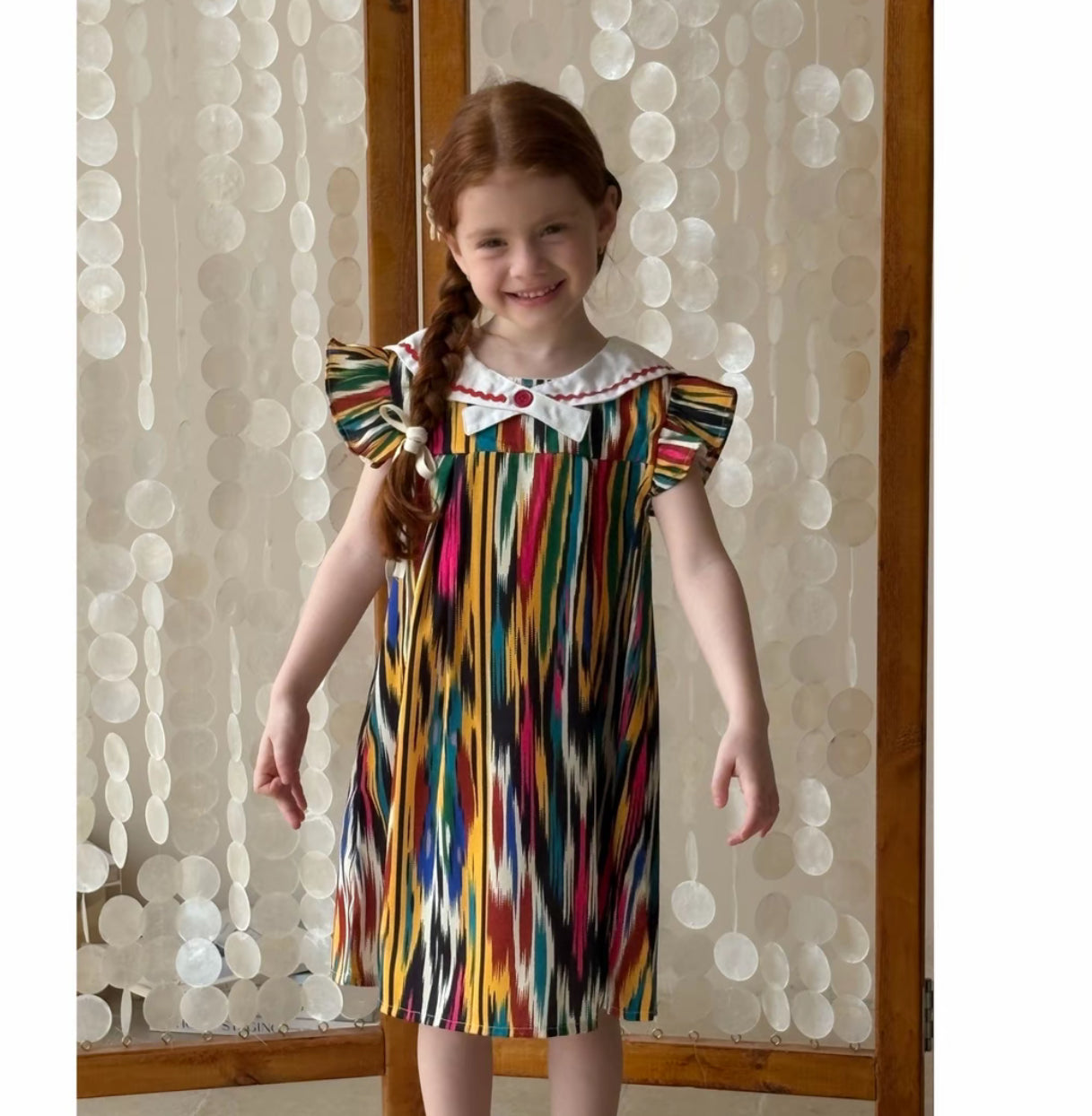 Colorful Ruffle Ikat Dress β White Collar Edition | LiwanAy