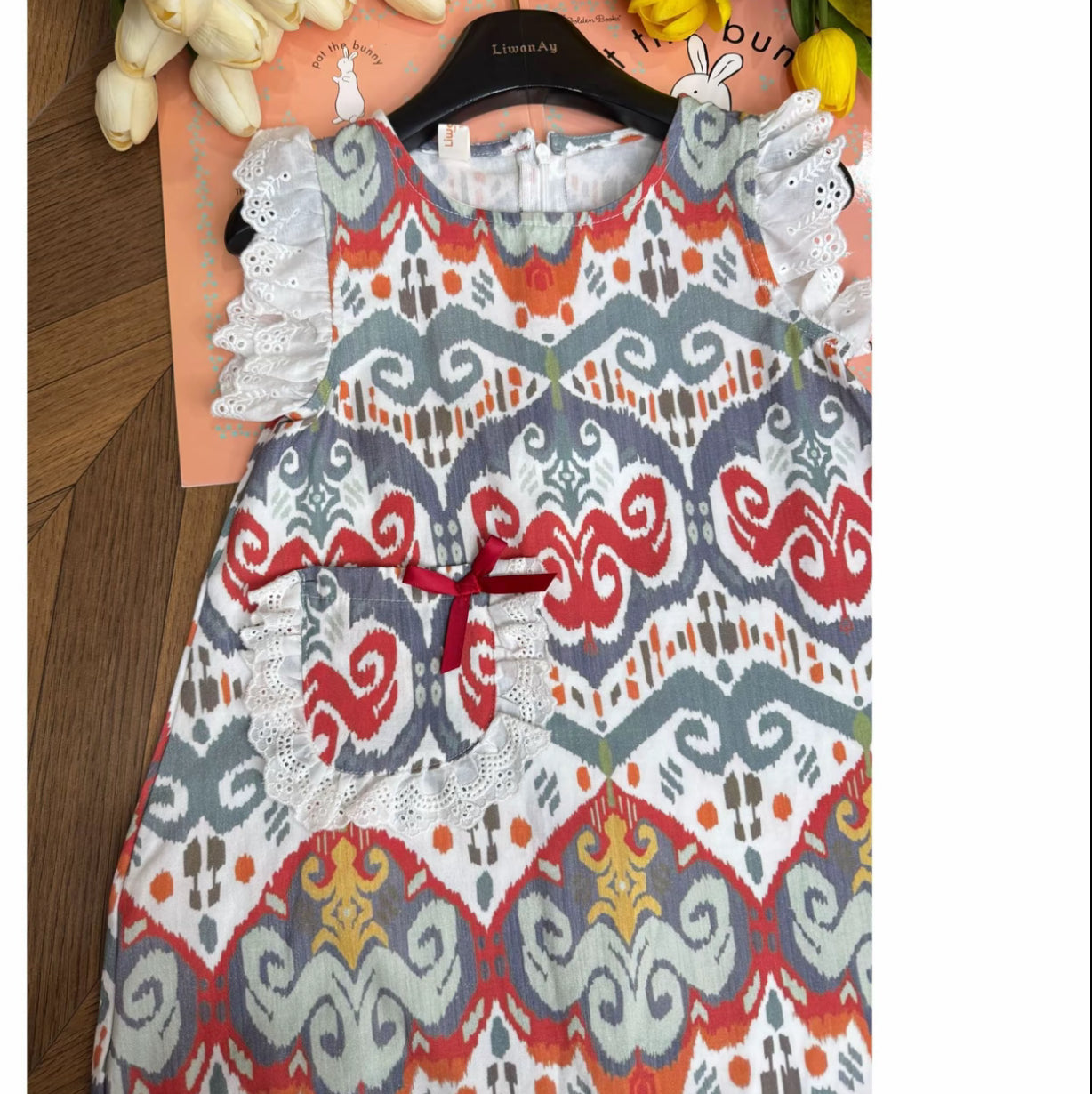 Ikat Pocket Dress with Lace Trim & Embroidered Sleeves | Liwanay Exclusive