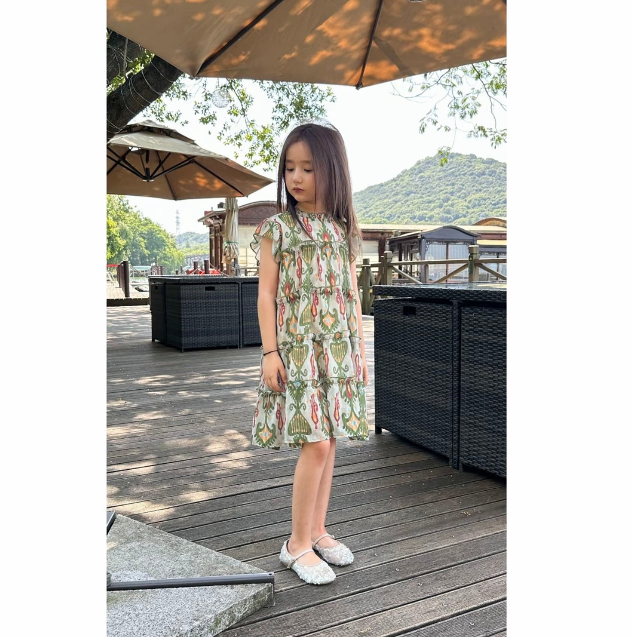 Girls' Tiered Cotton Dress – Atlas Ikat Print