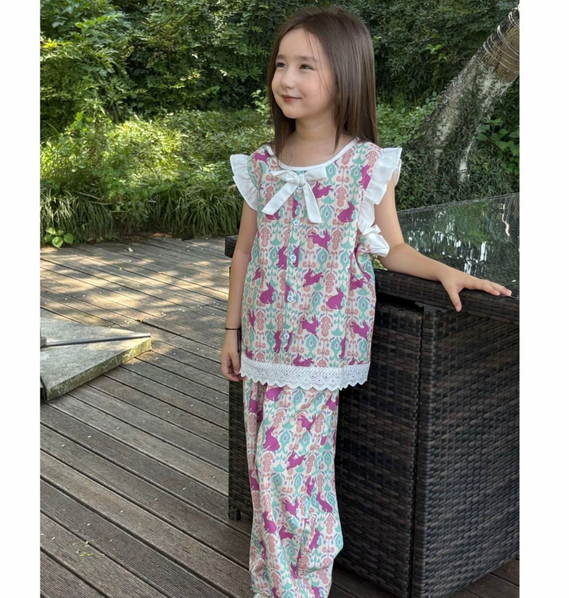 Girls' Cotton Lounge Set – Pink & Aqua Atlas Print