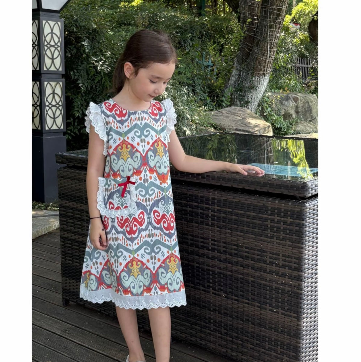 Ikat Pocket Dress with Lace Trim & Embroidered Sleeves | Liwanay Exclusive