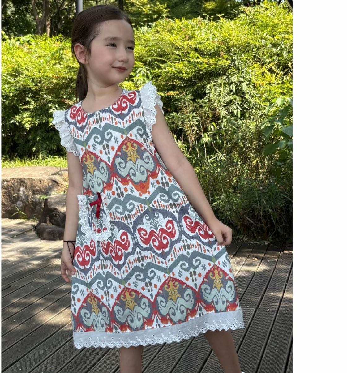 Ikat Pocket Dress with Lace Trim & Embroidered Sleeves | Liwanay Exclusive