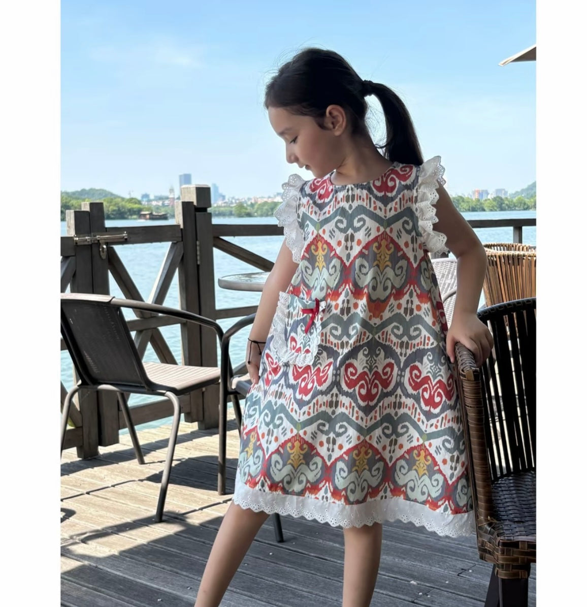 Ikat Pocket Dress with Lace Trim & Embroidered Sleeves | Liwanay Exclusive