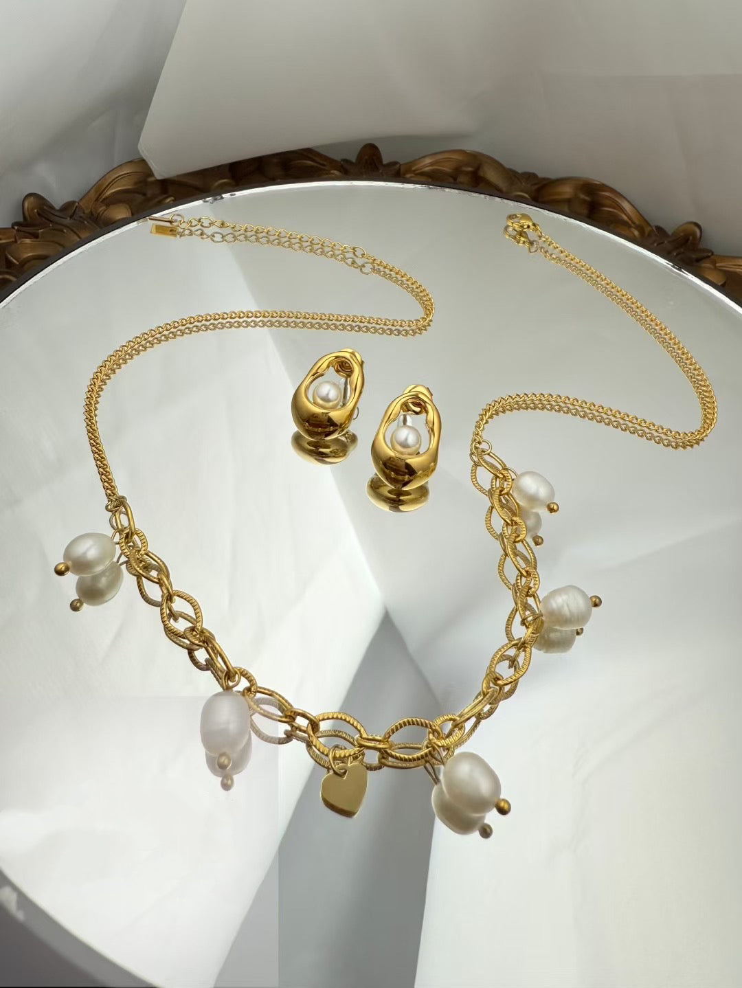 Stainless Steel Pearl Jewelry Set – Necklace & Earrings(49)