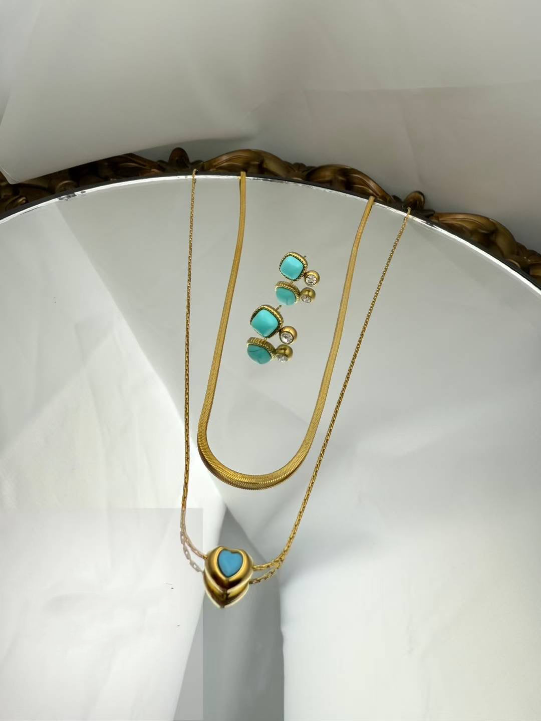 Gold Color Stainless Steel Layered Necklace & Earrings Set – Turquoise Accent(58)