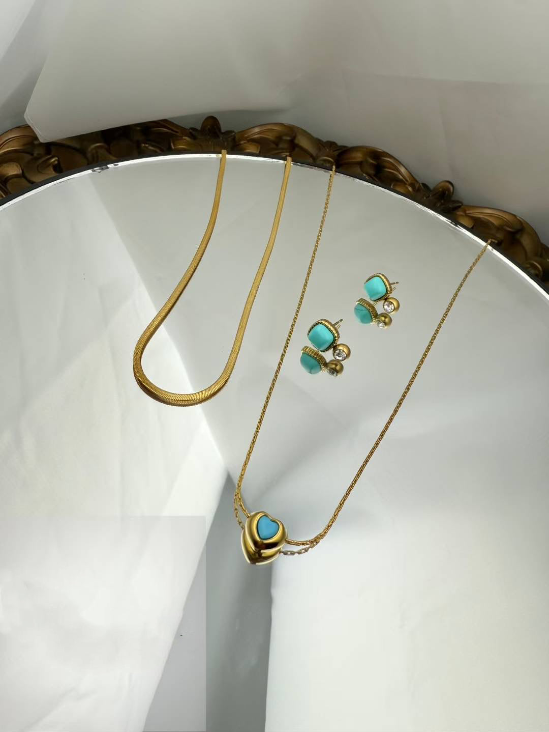 Gold Color Stainless Steel Layered Necklace & Earrings Set – Turquoise Accent(58)