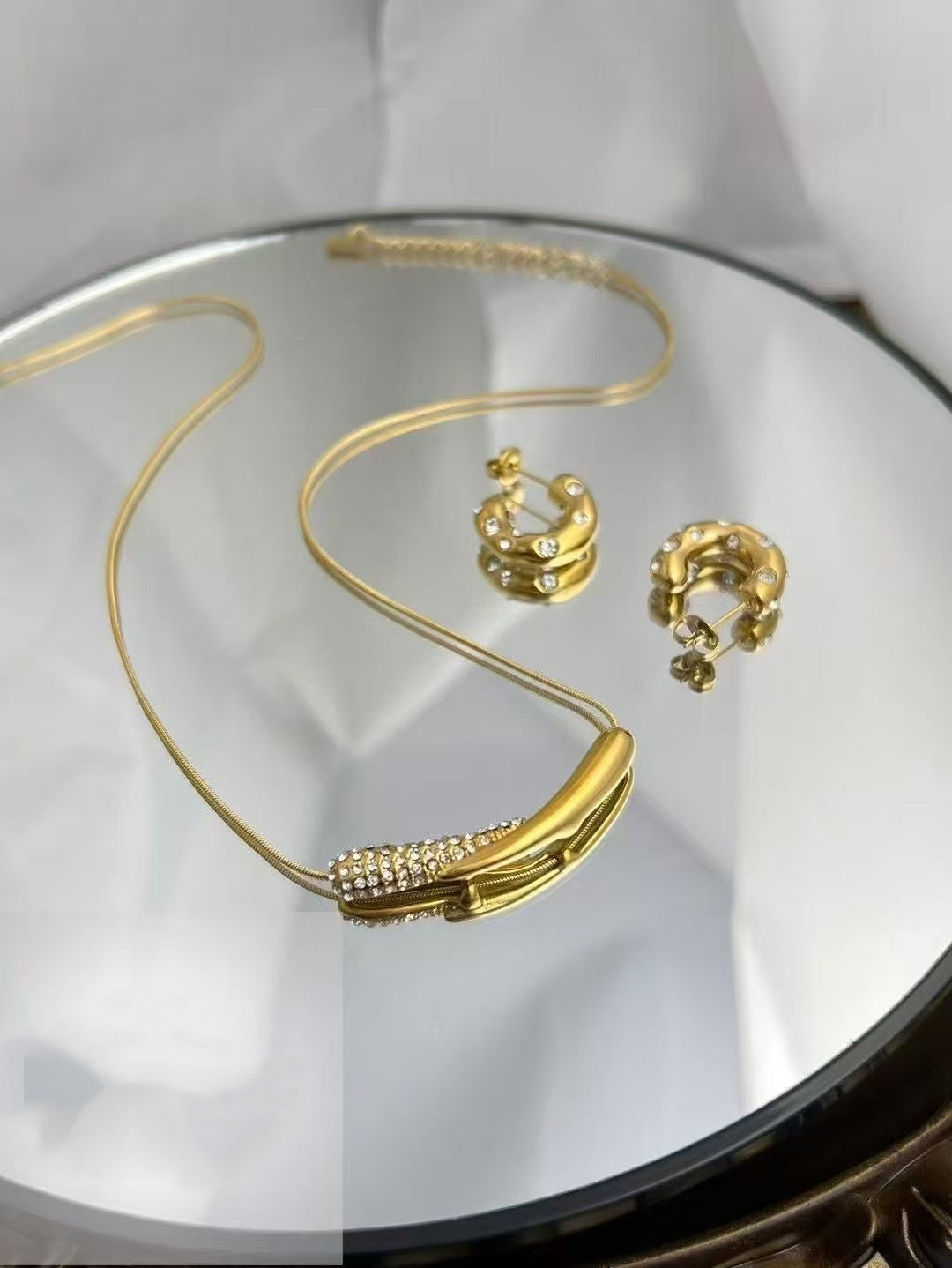 Gold Color Stainless Steel Necklace & Earrings Set – Crystal Accents(70)