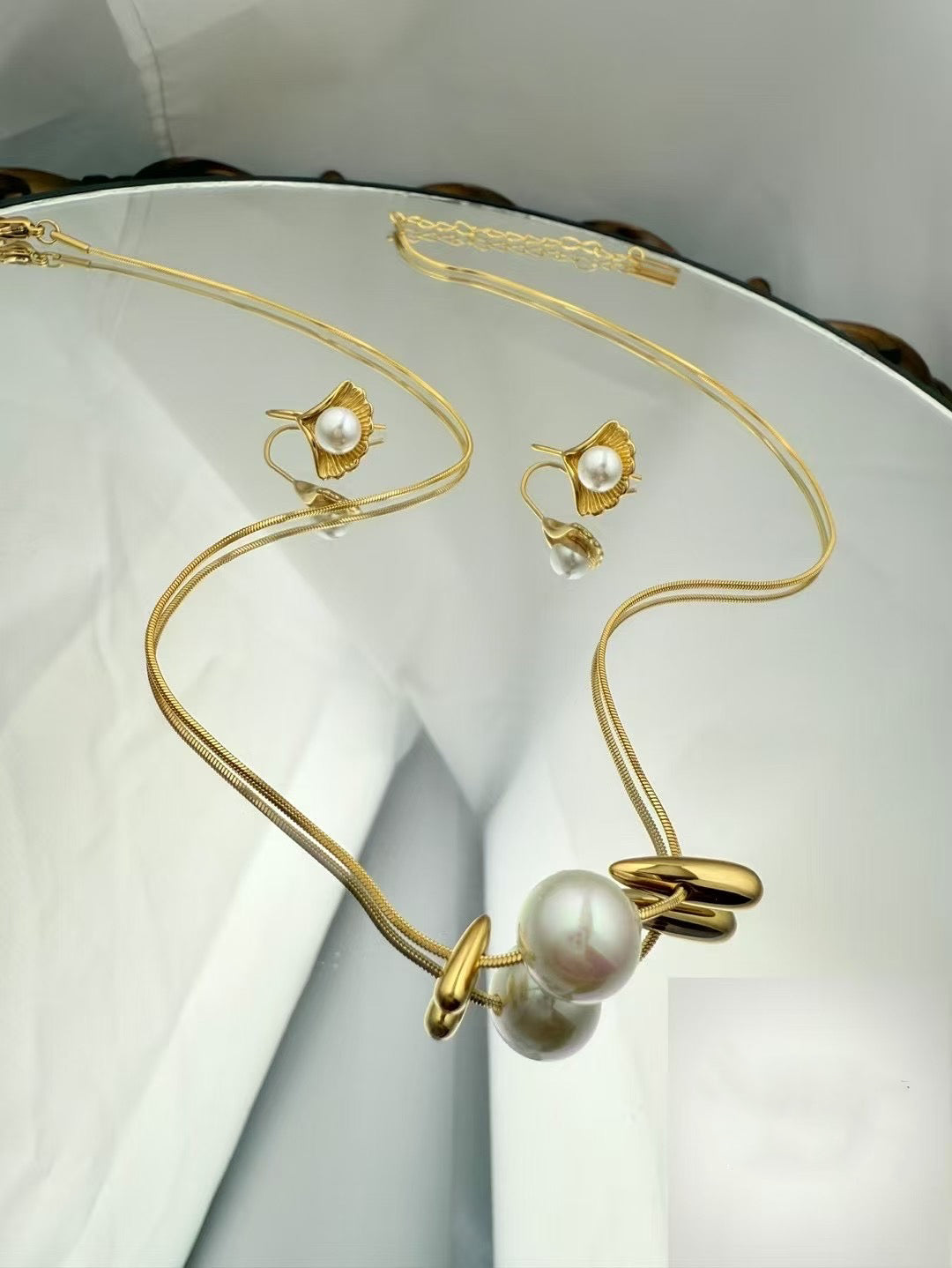 Gold Color Stainless Steel Pearl Necklace & Earrings Set – Modern Elegance