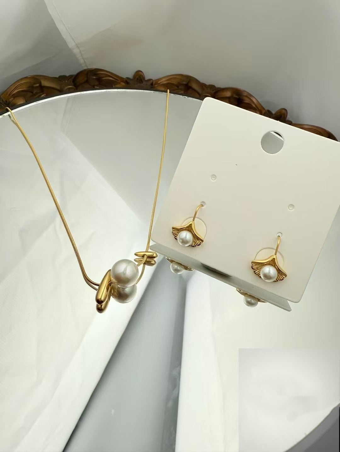 Gold Color Stainless Steel Pearl Necklace & Earrings Set – Modern Elegance
