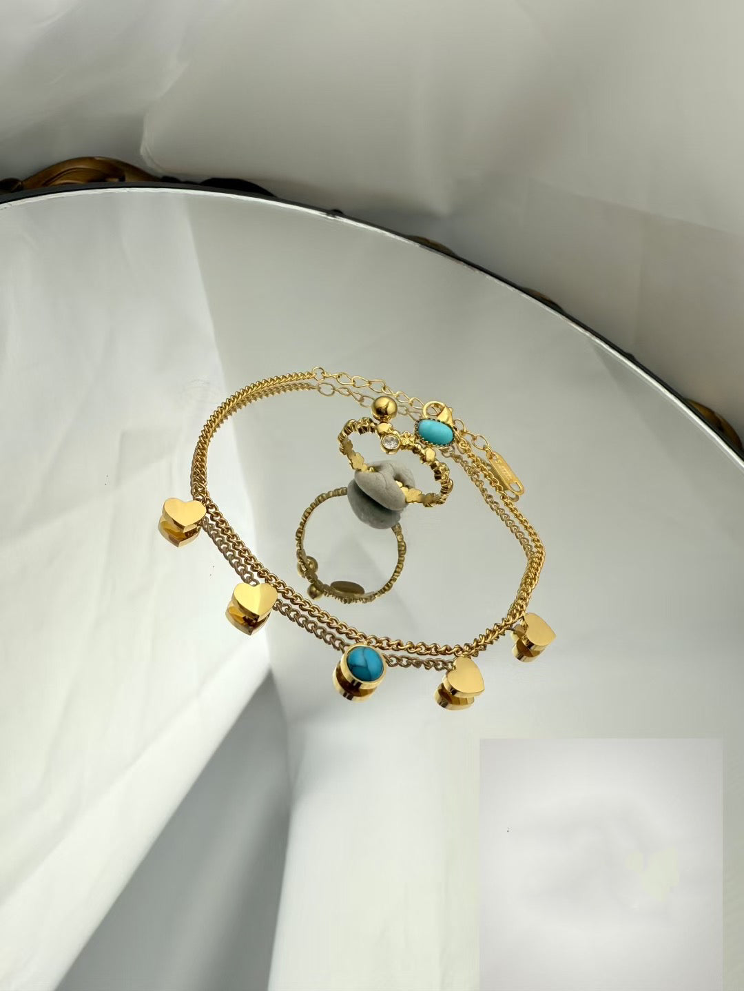 Gold Color Stainless Steel Bracelet & Adjustable Ring Set – Heart & Turquoise Accents(74)