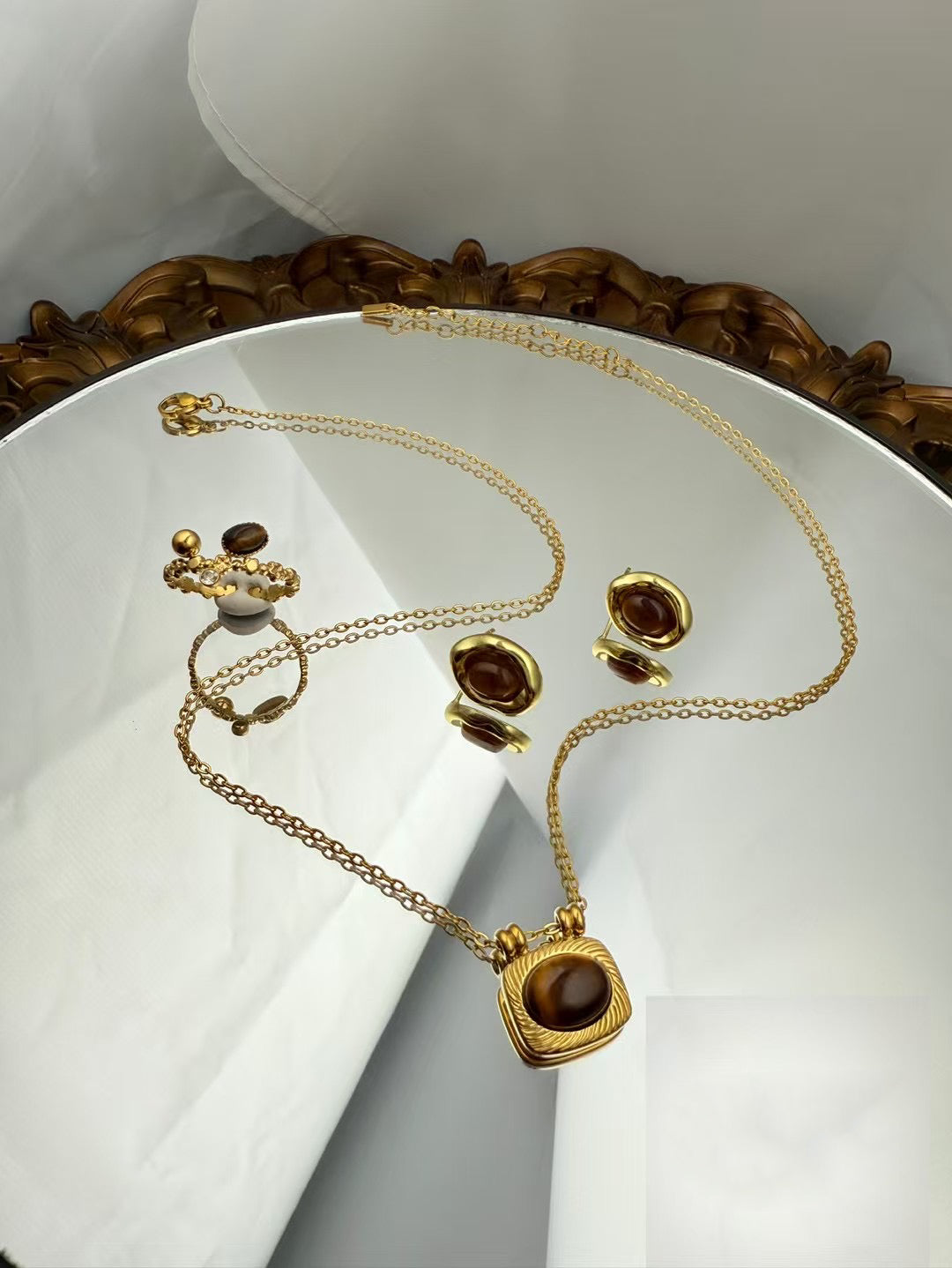 Gold Color Stainless Steel Jewelry Set – Necklace, Earrings & Adjustable Ring with Brown Stone(73)