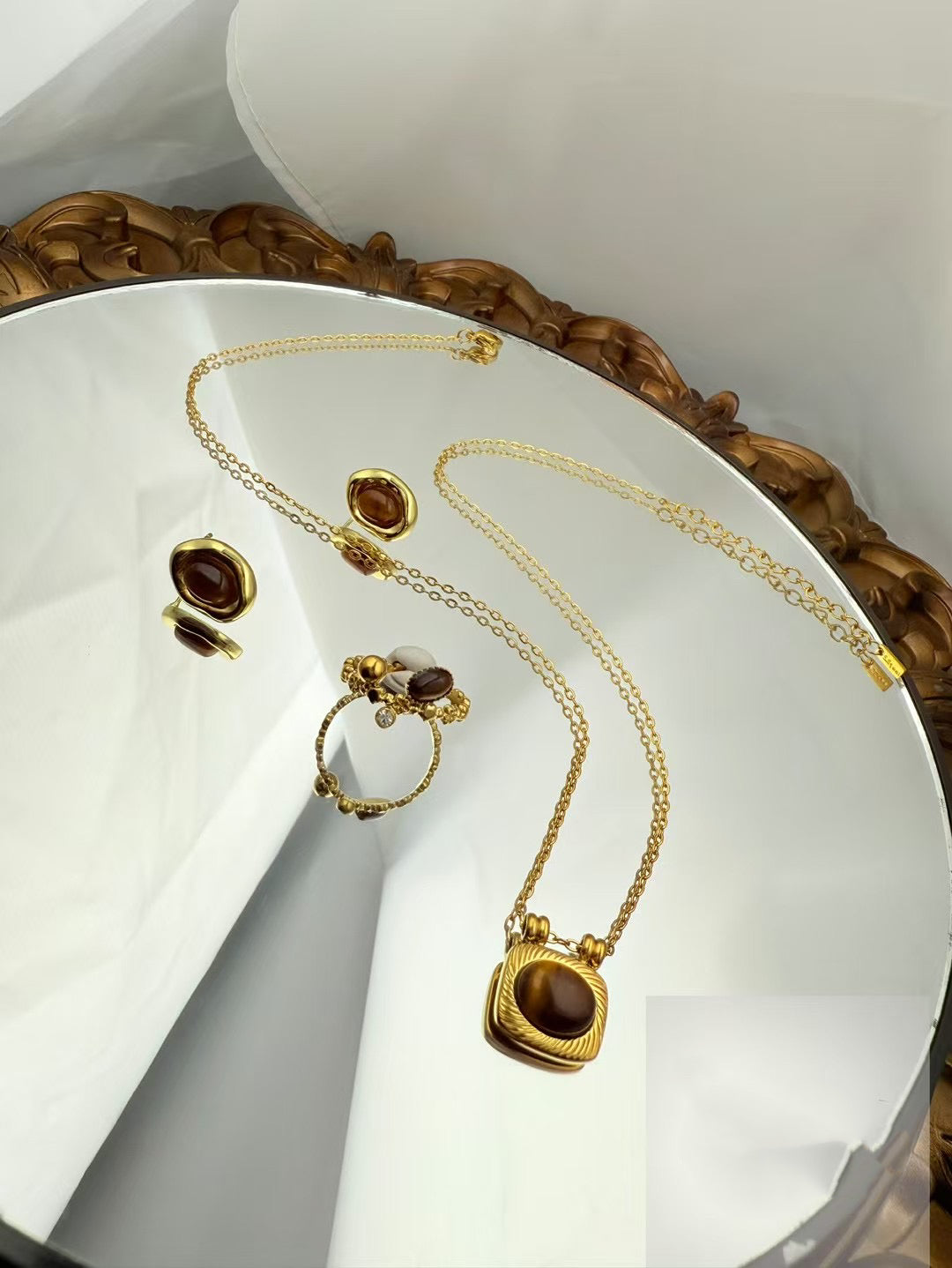 Gold Color Stainless Steel Jewelry Set – Necklace, Earrings & Adjustable Ring with Brown Stone(73)