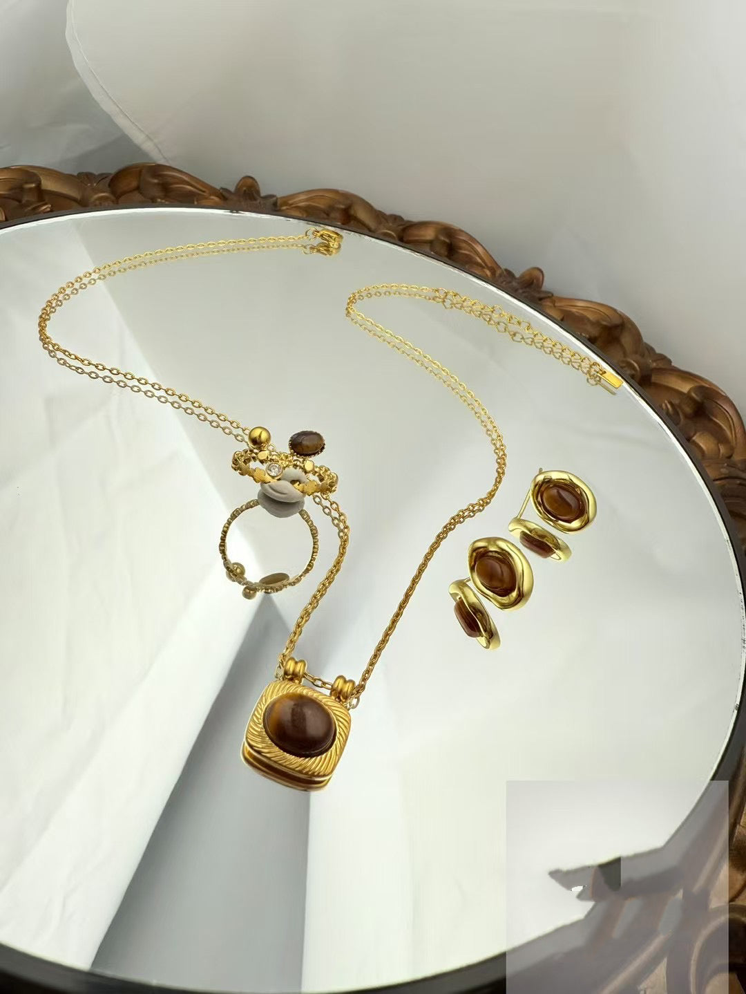 Gold Color Stainless Steel Jewelry Set – Necklace, Earrings & Adjustable Ring with Brown Stone(73)