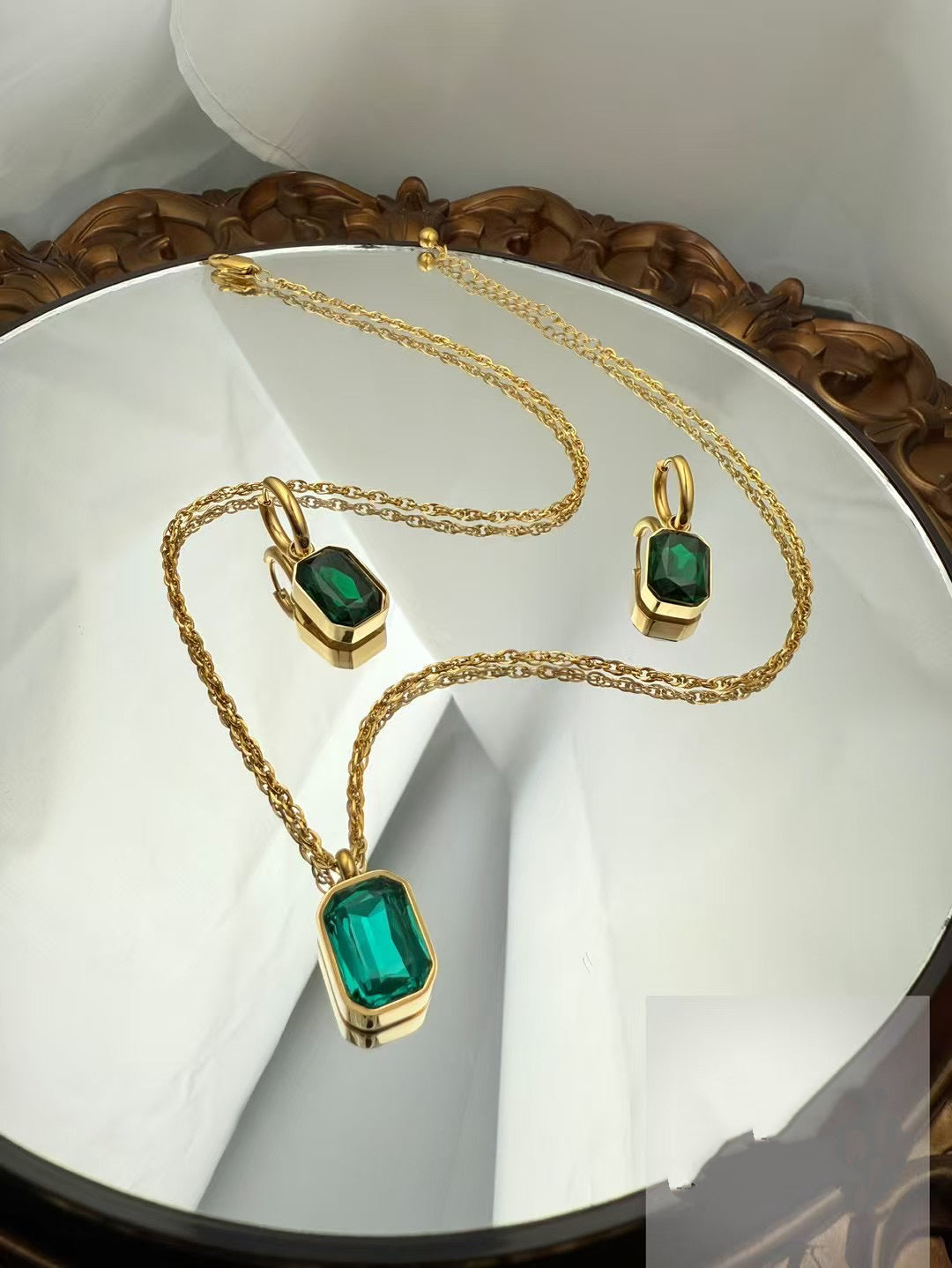 Gold Color Stainless Steel Necklace & Earrings Set – Green Gemstone Elegance(55)