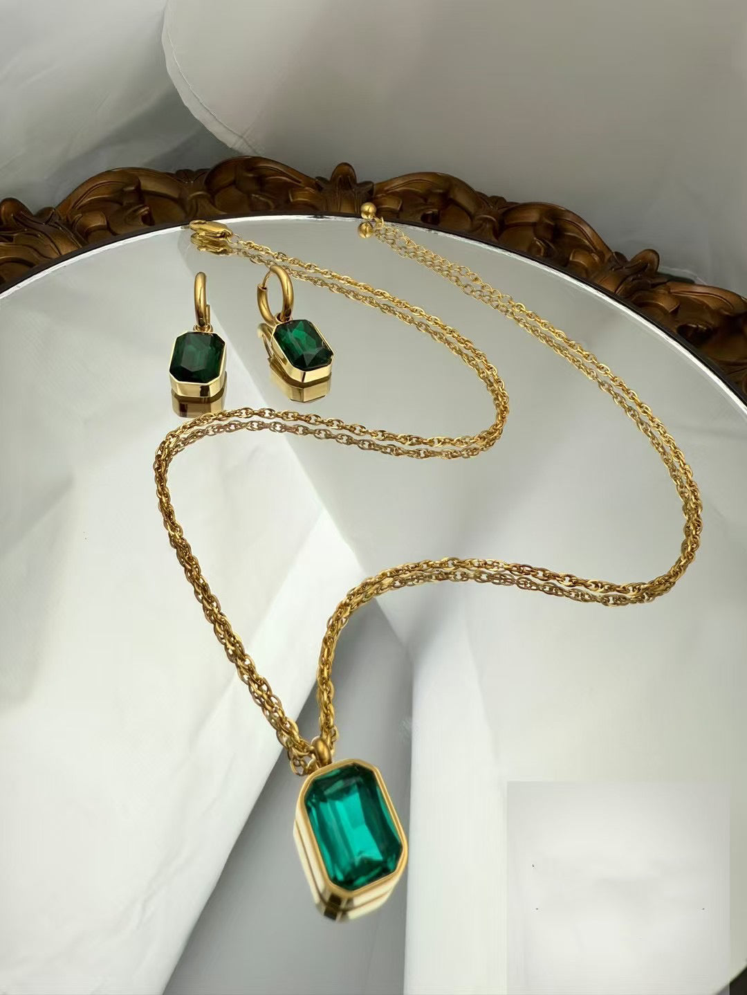 Gold Color Stainless Steel Necklace & Earrings Set – Green Gemstone Elegance(55)