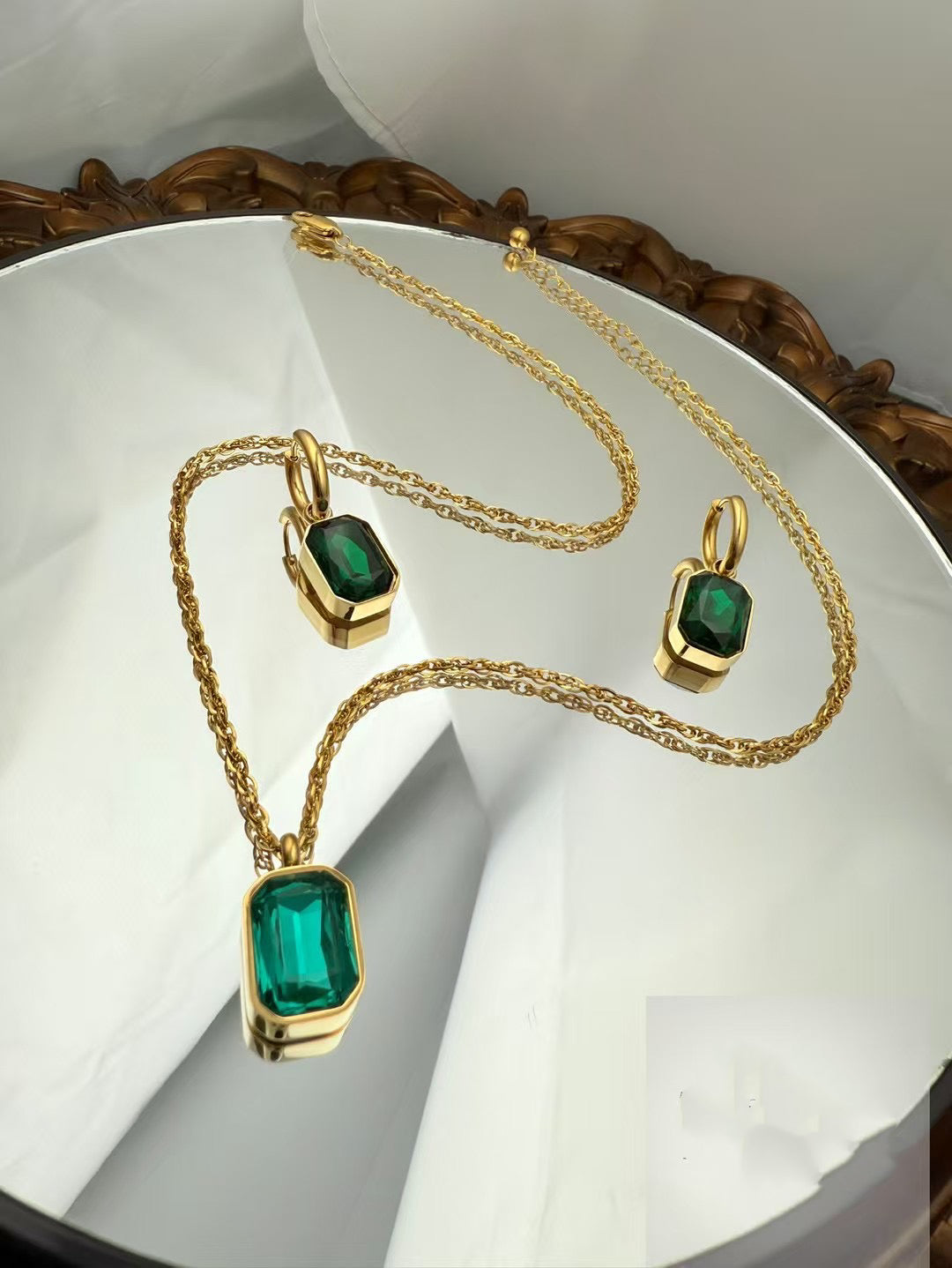 Gold Color Stainless Steel Necklace & Earrings Set – Green Gemstone Elegance(55)