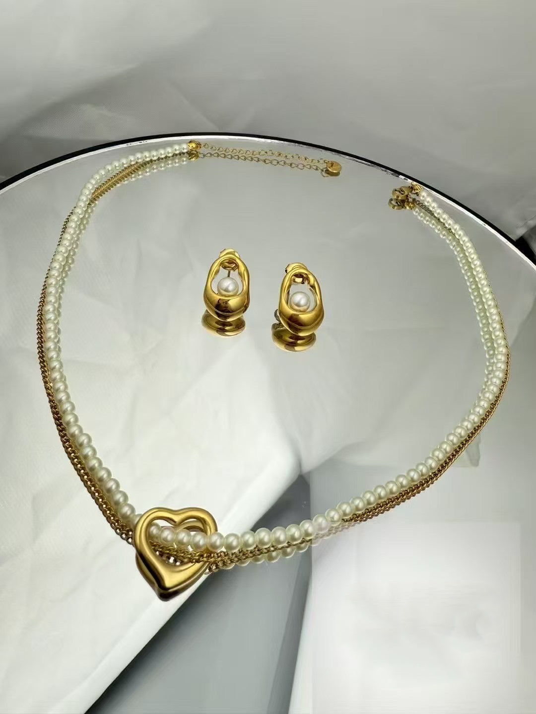 Gold Color Stainless Steel Pearl Necklace & Earrings Set – Heart Design(50)