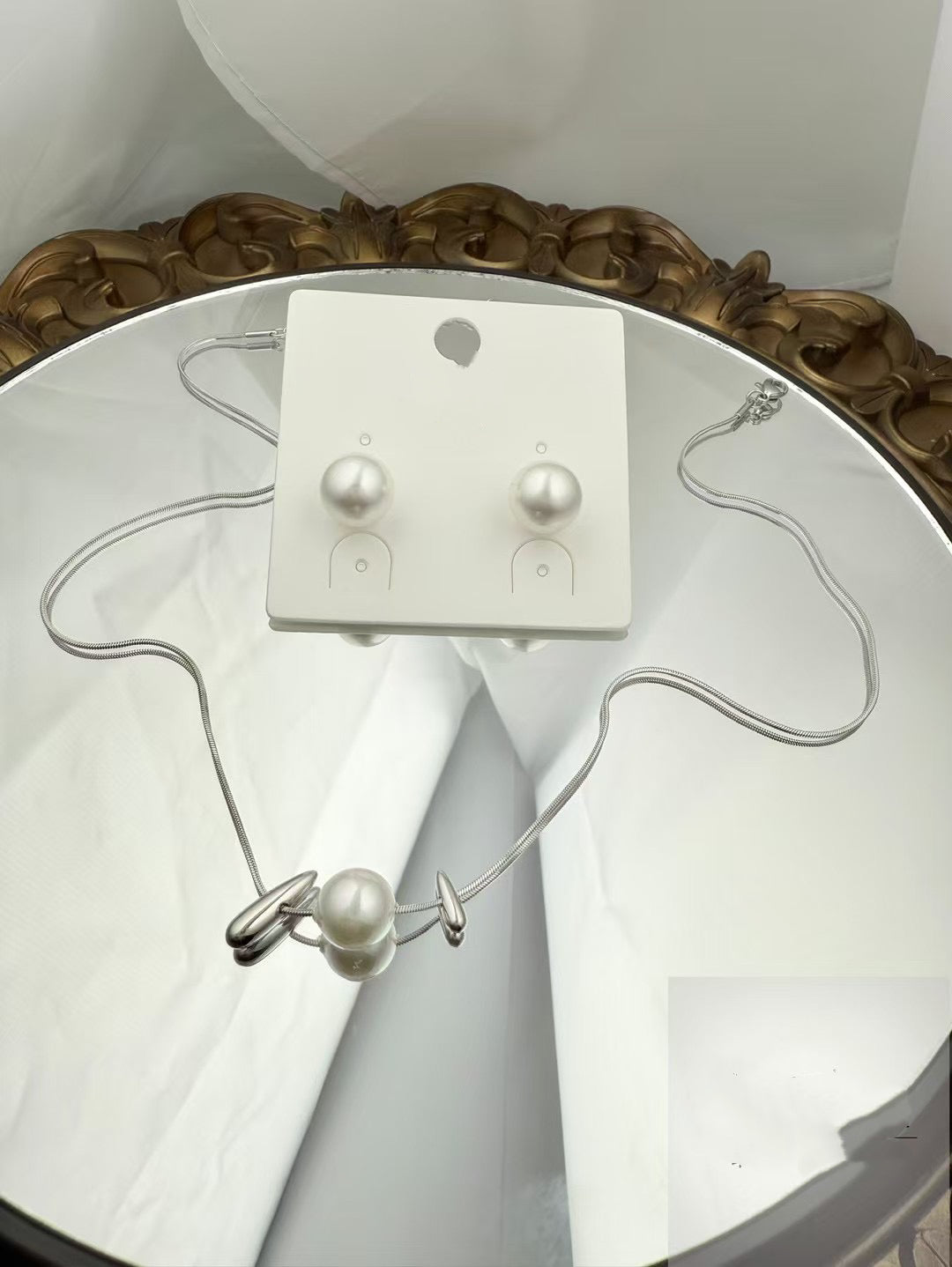 Silver Color Stainless Steel Pearl Necklace & Earrings Set – Modern Elegance(51)